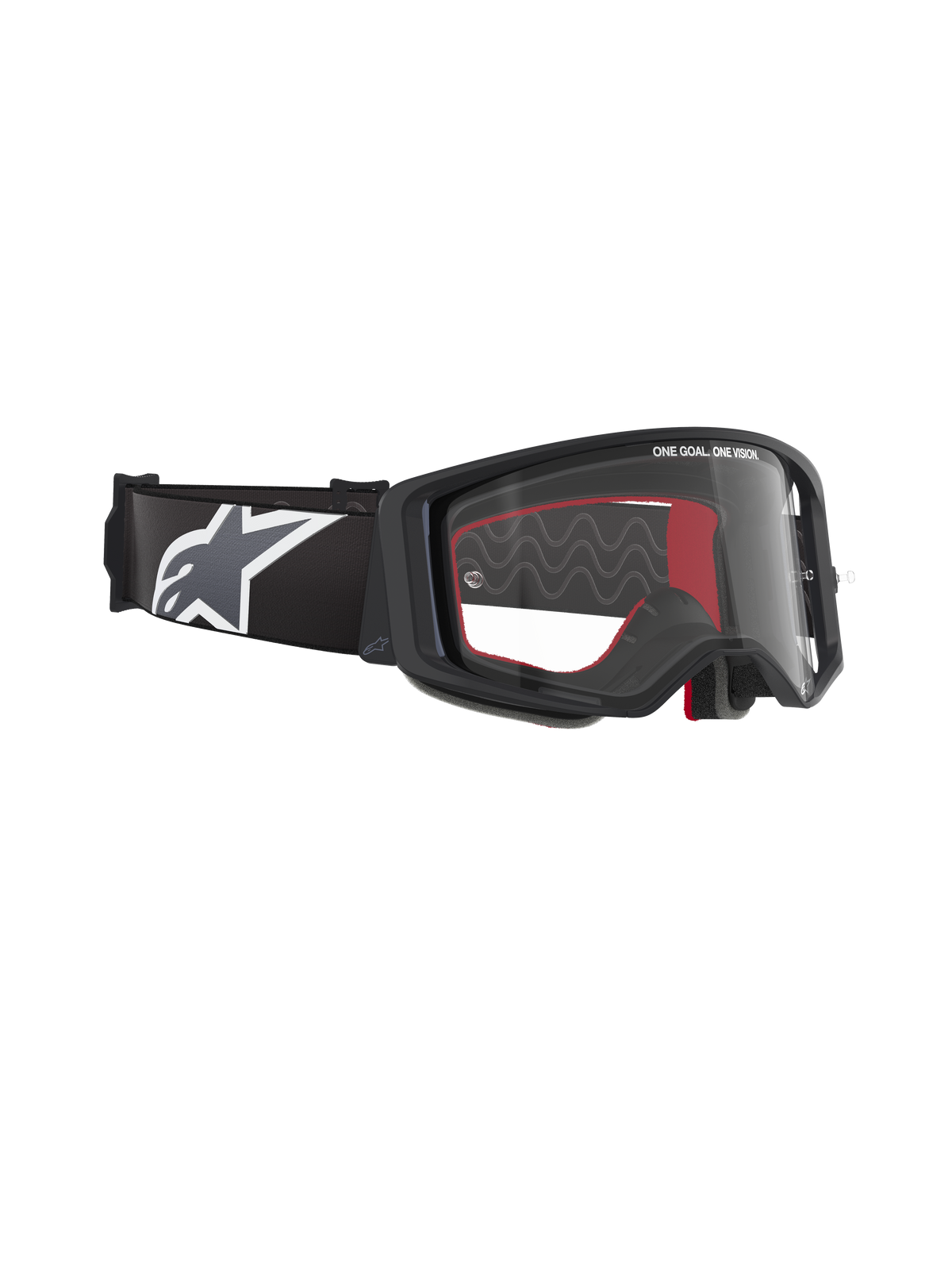 Alpinestars Supertech Corp-briller, motocross-briller, sort stel med klar linse, justerbar sort rem med stort hvidt Alpinestars-stjernelogo, røde indvendige skumdetaljer, professionel øjenbeskyttelse til off-road kørsel