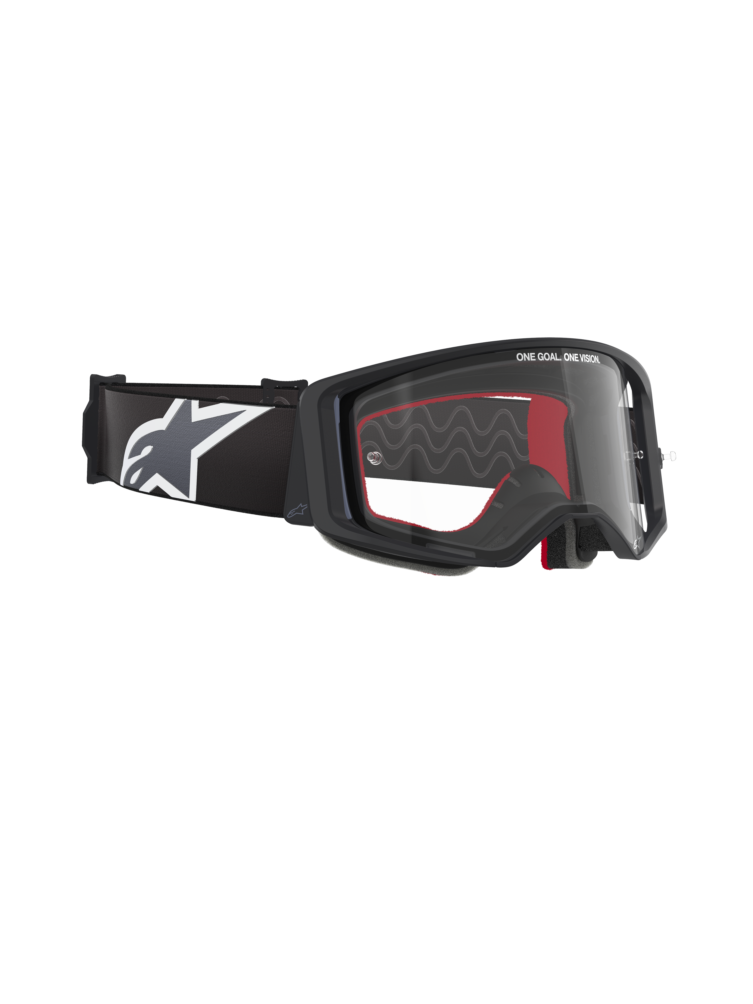 Alpinestars Supertech Corp-briller, motocross-briller, sort stel med klar linse, justerbar sort rem med stort hvidt Alpinestars-stjernelogo, røde indvendige skumdetaljer, professionel øjenbeskyttelse til off-road kørsel