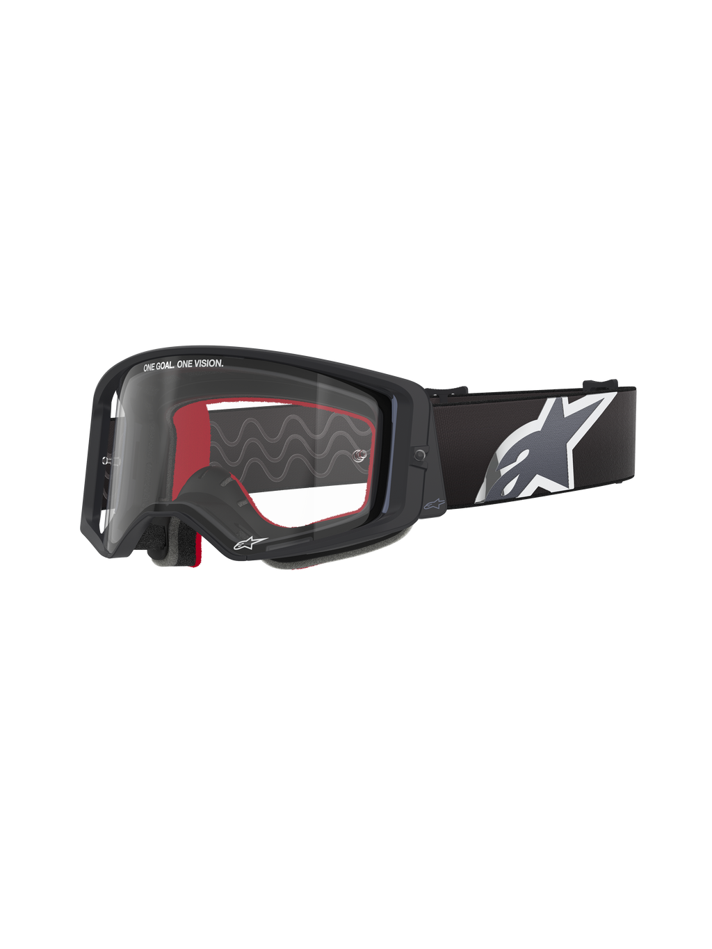 Alpinestars Supertech Corp Goggles, motocross-briller, sort med rødt interiør, klar linse, sort rem med stort hvidt stjernelogo, "ONE GOAL. ONE VISION." branding, performance off-road briller