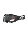 Alpinestars Supertech Corp Goggles, motocross-briller, sort med rødt interiør, klar linse, sort rem med stort hvidt stjernelogo, "ONE GOAL. ONE VISION." branding, performance off-road briller