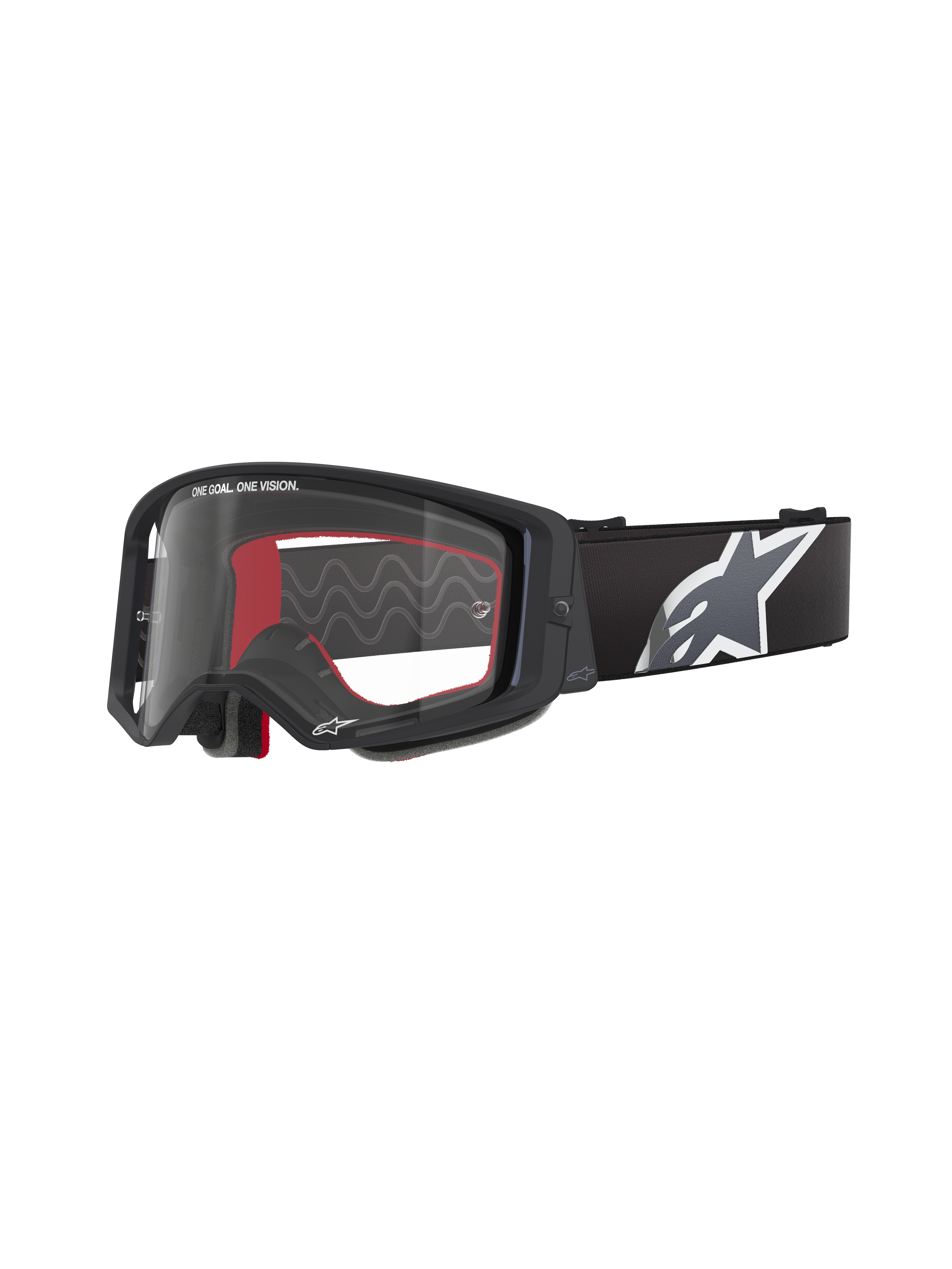 Alpinestars Supertech Corp Goggles, motocross-briller, sort med rødt interiør, klar linse, sort rem med stort hvidt stjernelogo, "ONE GOAL. ONE VISION." branding, performance off-road briller