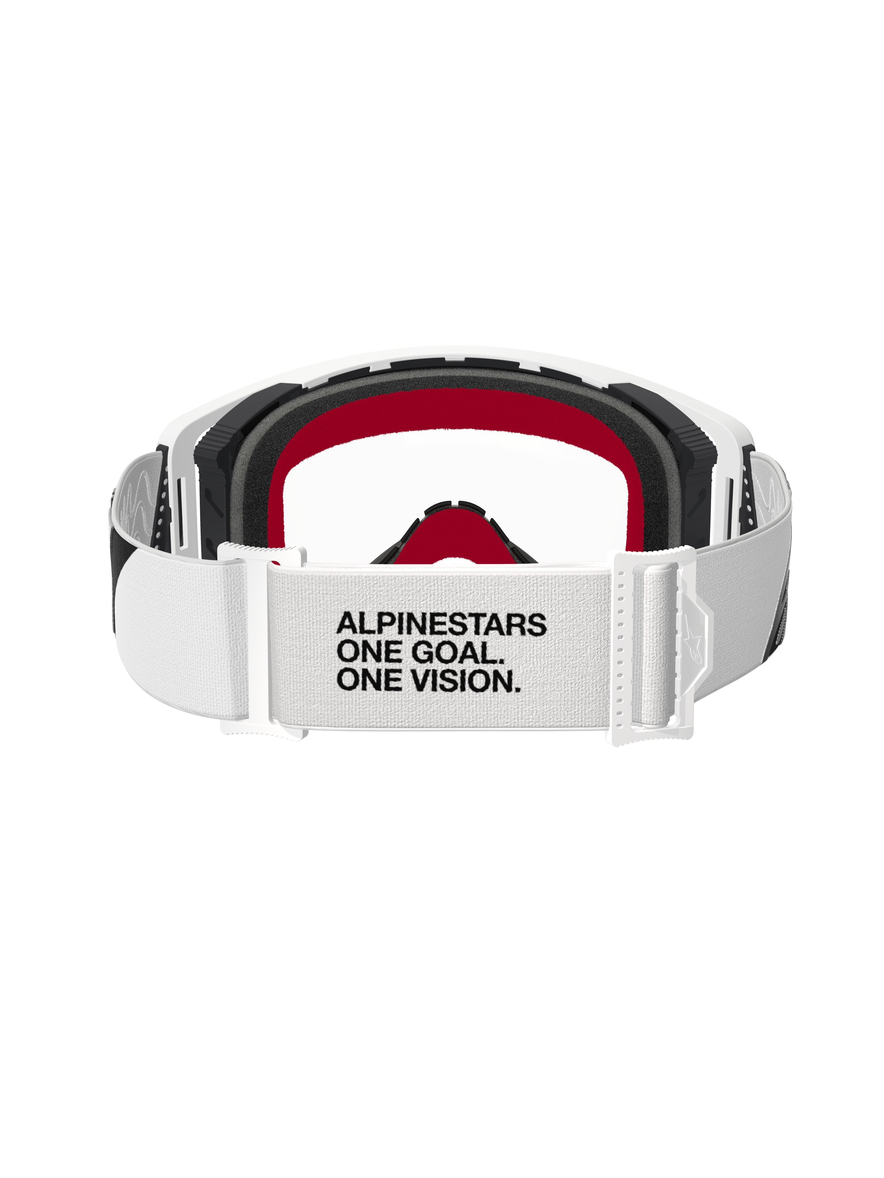 Alpinestars Supertech Corp Goggles, motocrossbriller, hvid ramme med klar linse, set bagfra med hvid justerbar rem med sort tekst 'ALPINESTARS ONE GOAL. ONE VISION.', sort skum med røde detaljer, højtydende off-road beskyttelsesbriller