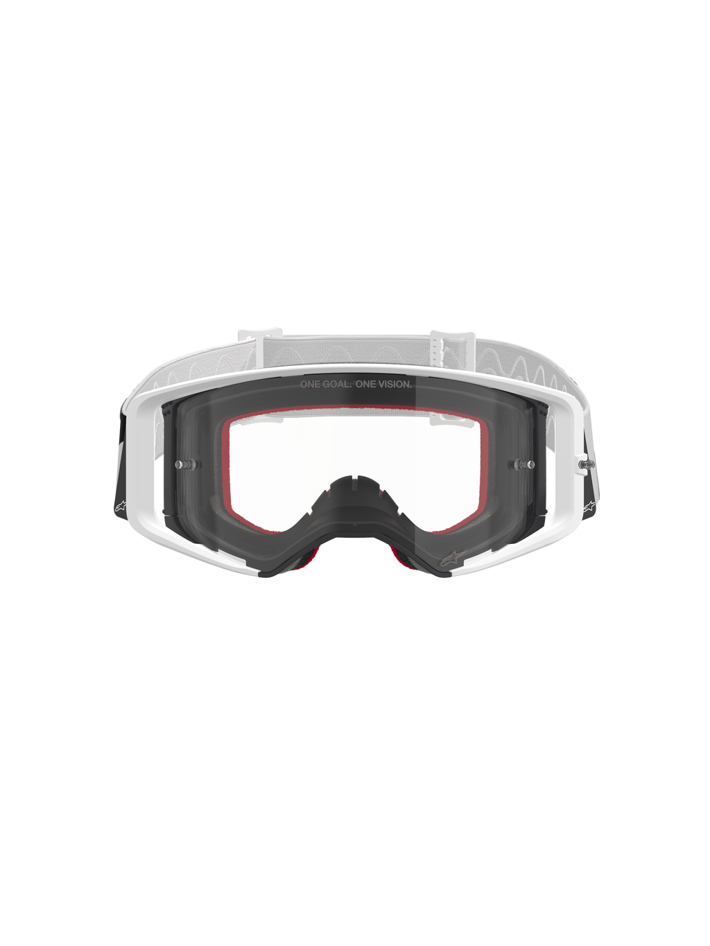 Alpinestars Supertech Corp Goggles, motocross-briller, hvide med klar linse, hvid og lysegrå justerbar rem, med 'ONE GOAL. ONE VISION.' tekst på linsen, røde detaljer på ansigtsskummet, højtydende beskyttelsesudstyr til off-road kørsel