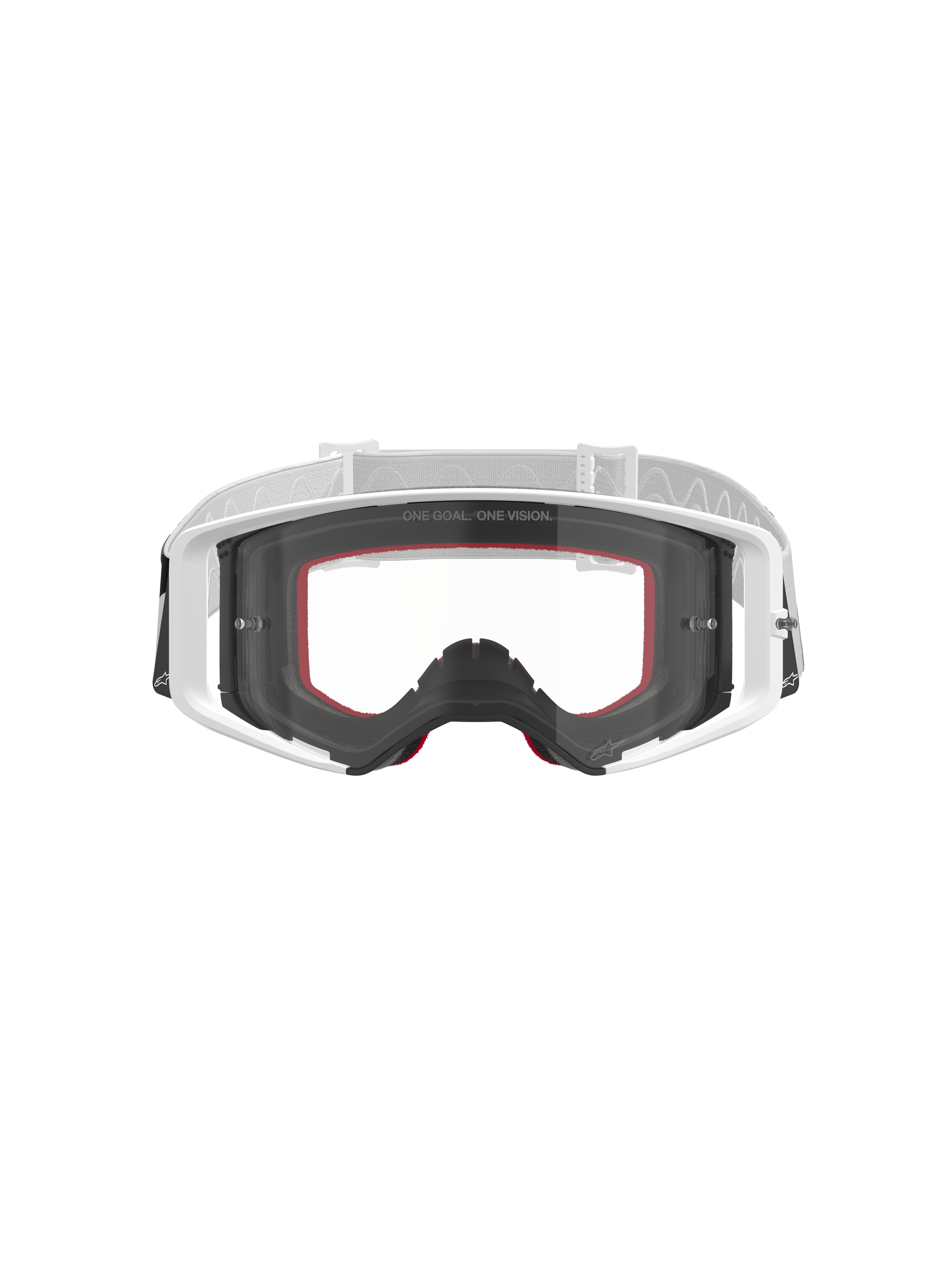 Alpinestars Supertech Corp Goggles, motocross-briller, hvide med klar linse, hvid og lysegrå justerbar rem, med 'ONE GOAL. ONE VISION.' tekst på linsen, røde detaljer på ansigtsskummet, højtydende beskyttelsesudstyr til off-road kørsel