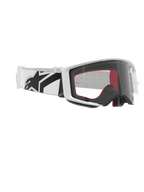 Alpinestars Supertech Corp Goggles, motocross-briller, hvid og klar, hvid rem med stort sort Alpinestars-logo, klar sprøjtestøbt linse, hvid dobbelt-injiceret ramme, performance-briller til off-road racing