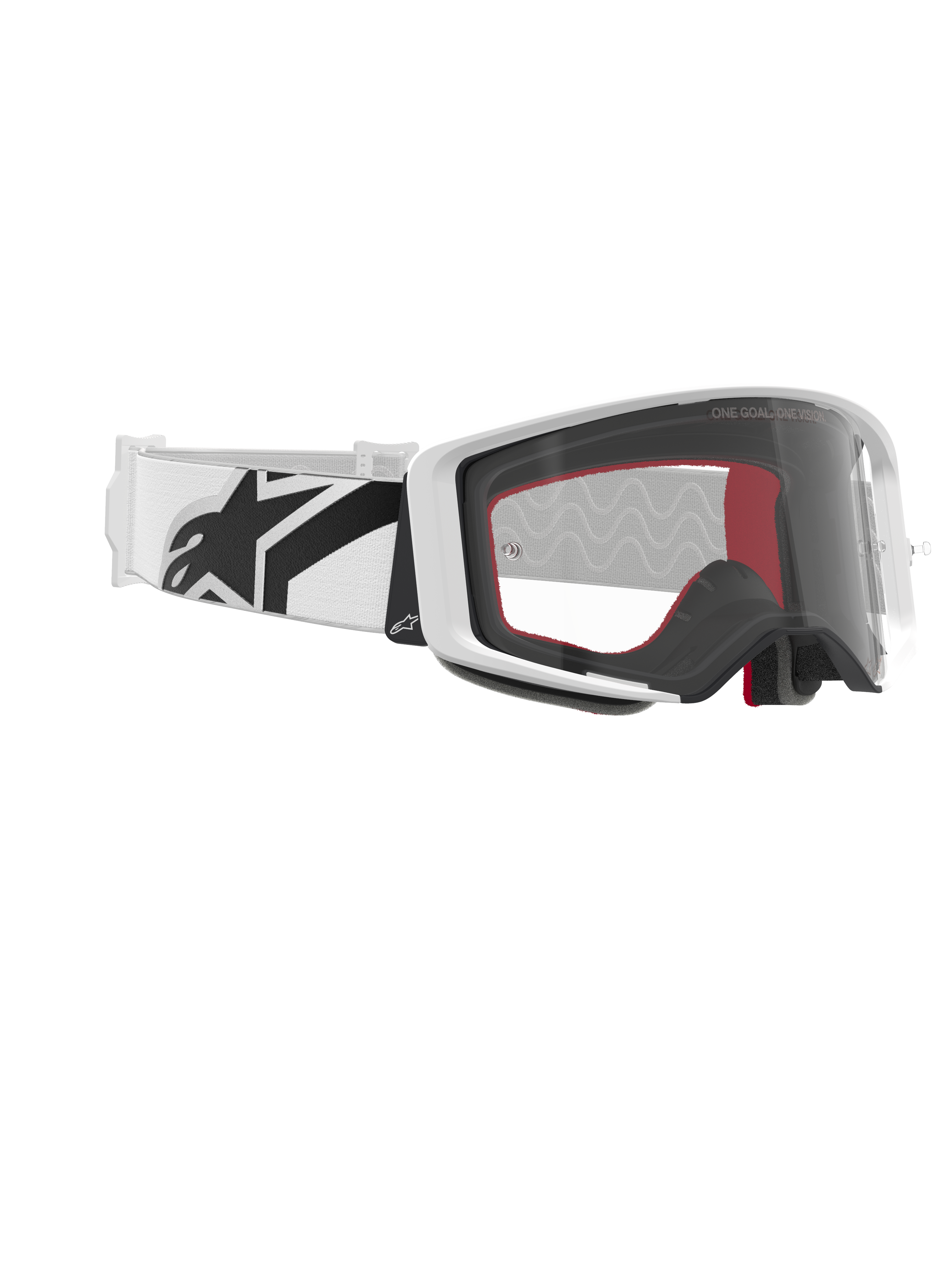 Alpinestars Supertech Corp Goggles, motocross-briller, hvid og klar, hvid rem med stort sort Alpinestars-logo, klar sprøjtestøbt linse, hvid dobbelt-injiceret ramme, performance-briller til off-road racing