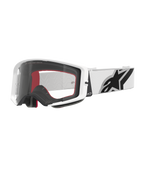 Alpinestars Supertech Corp Goggles, motocross-briller, hvid og klar, hvid ramme med klar polycarbonat-linse, hvid rem med markant sort Alpinestars-logo, rødt og sort flerlags ansigtsskum