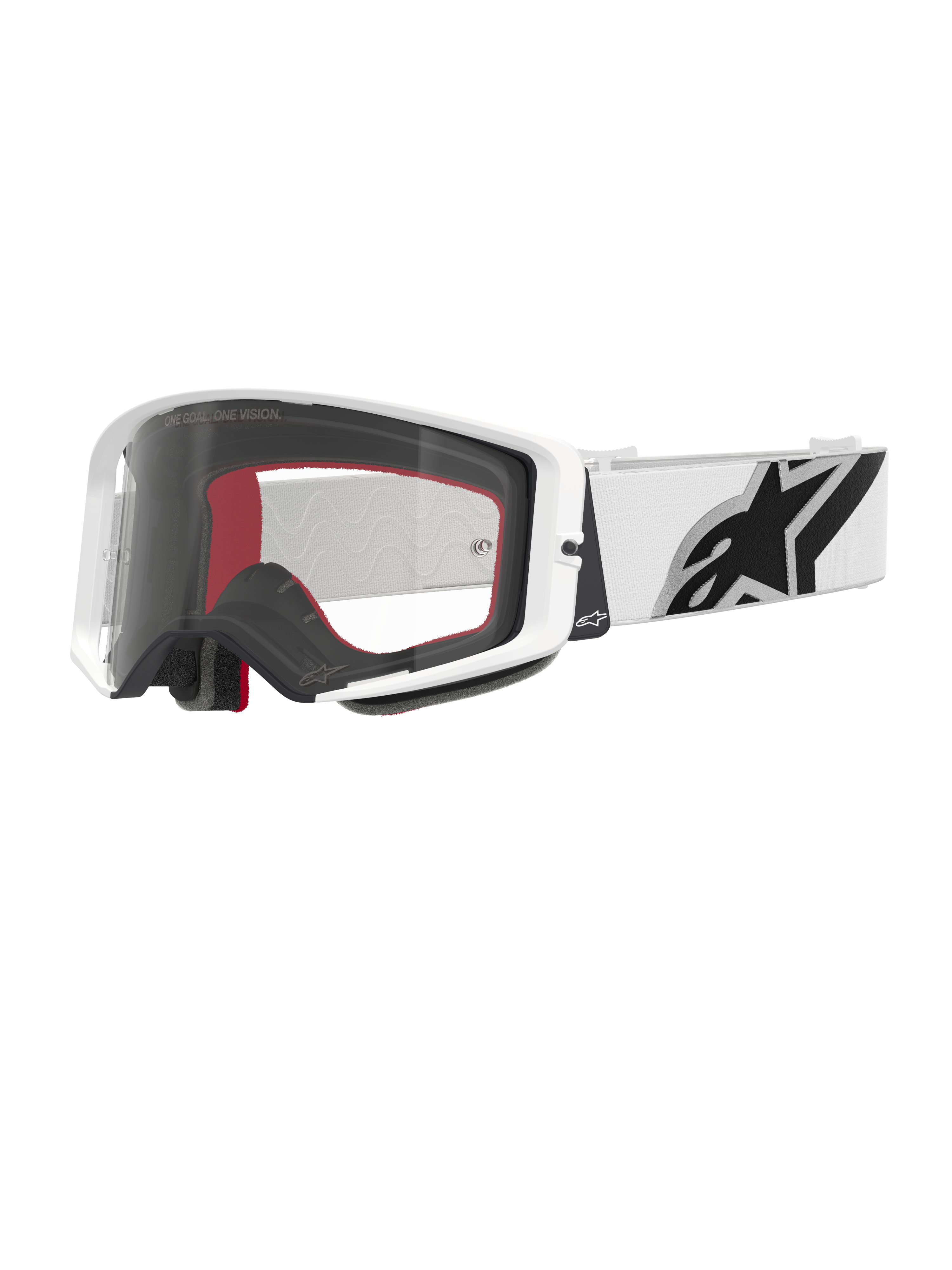 Alpinestars Supertech Corp Goggles, motocross-briller, hvid og klar, hvid ramme med klar polycarbonat-linse, hvid rem med markant sort Alpinestars-logo, rødt og sort flerlags ansigtsskum