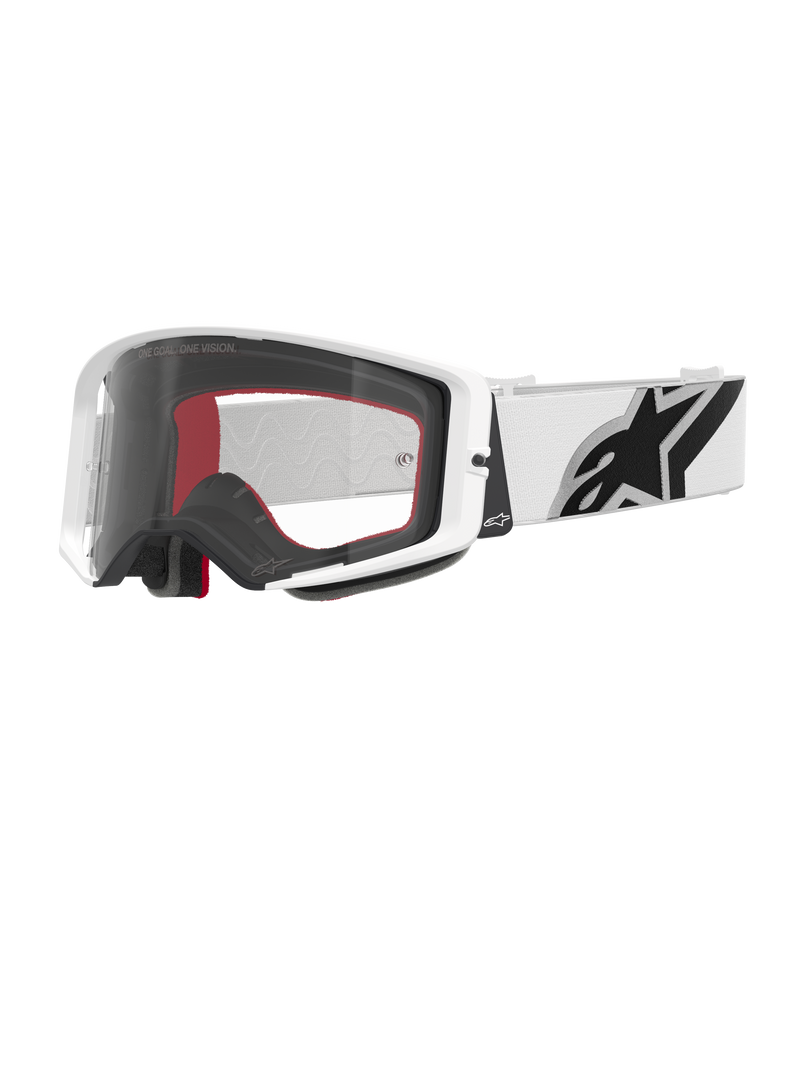 Alpinestars Supertech Corp Goggles, motocross-briller, hvid og klar, hvid ramme med klar polycarbonat-linse, hvid rem med markant sort Alpinestars-logo, rødt og sort flerlags ansigtsskum