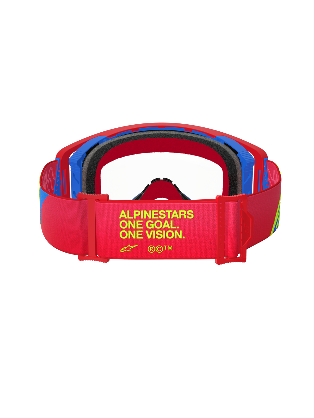 Alpinestars Supertech Corp Goggles, rød og blå, set bagfra, viser remmen med gul tekst 'ALPINESTARS ONE GOAL. ONE VISION.', sort ansigtsskum, off-road motocross-briller