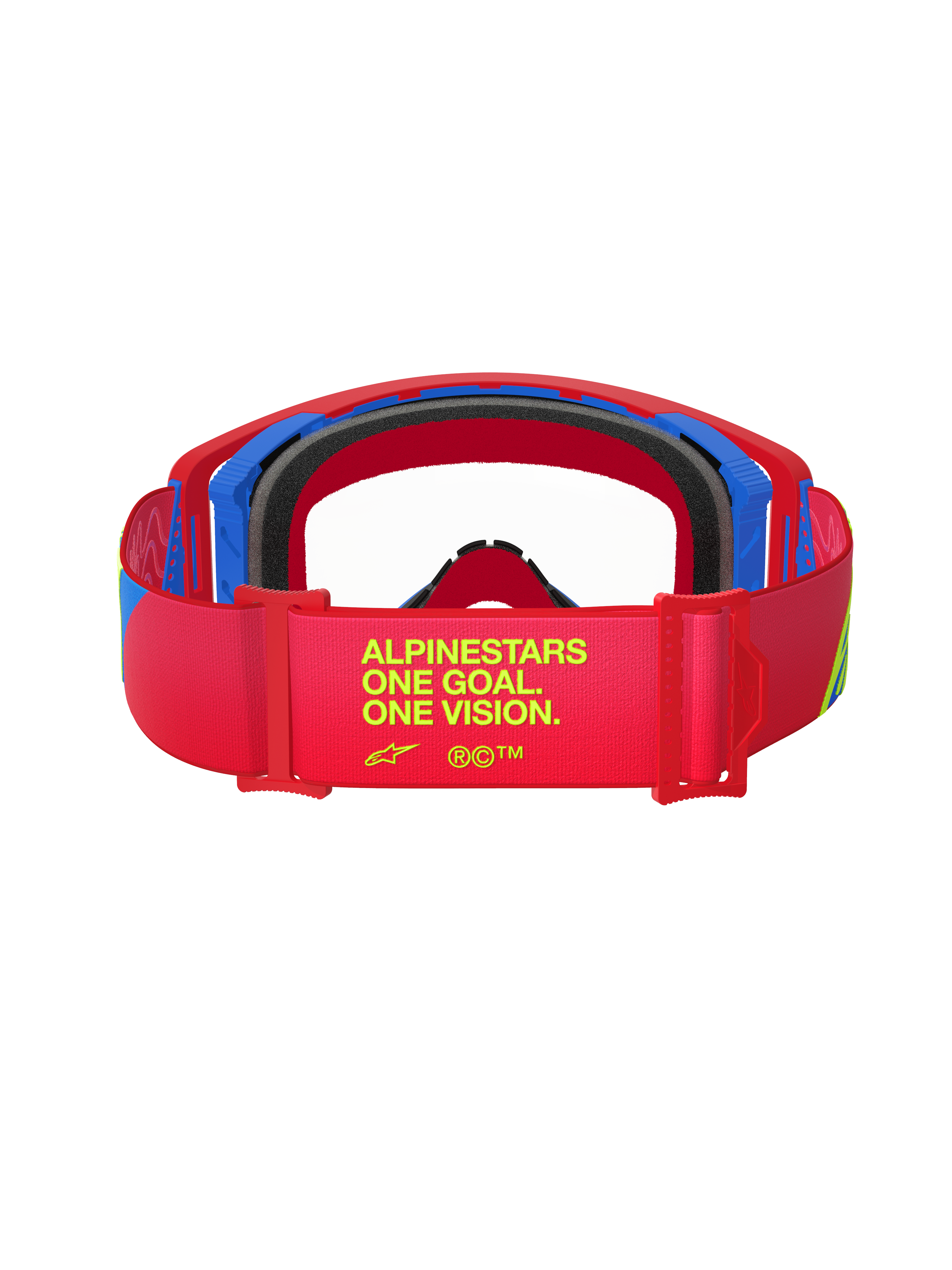 Alpinestars Supertech Corp Goggles, rød og blå, set bagfra, viser remmen med gul tekst 'ALPINESTARS ONE GOAL. ONE VISION.', sort ansigtsskum, off-road motocross-briller