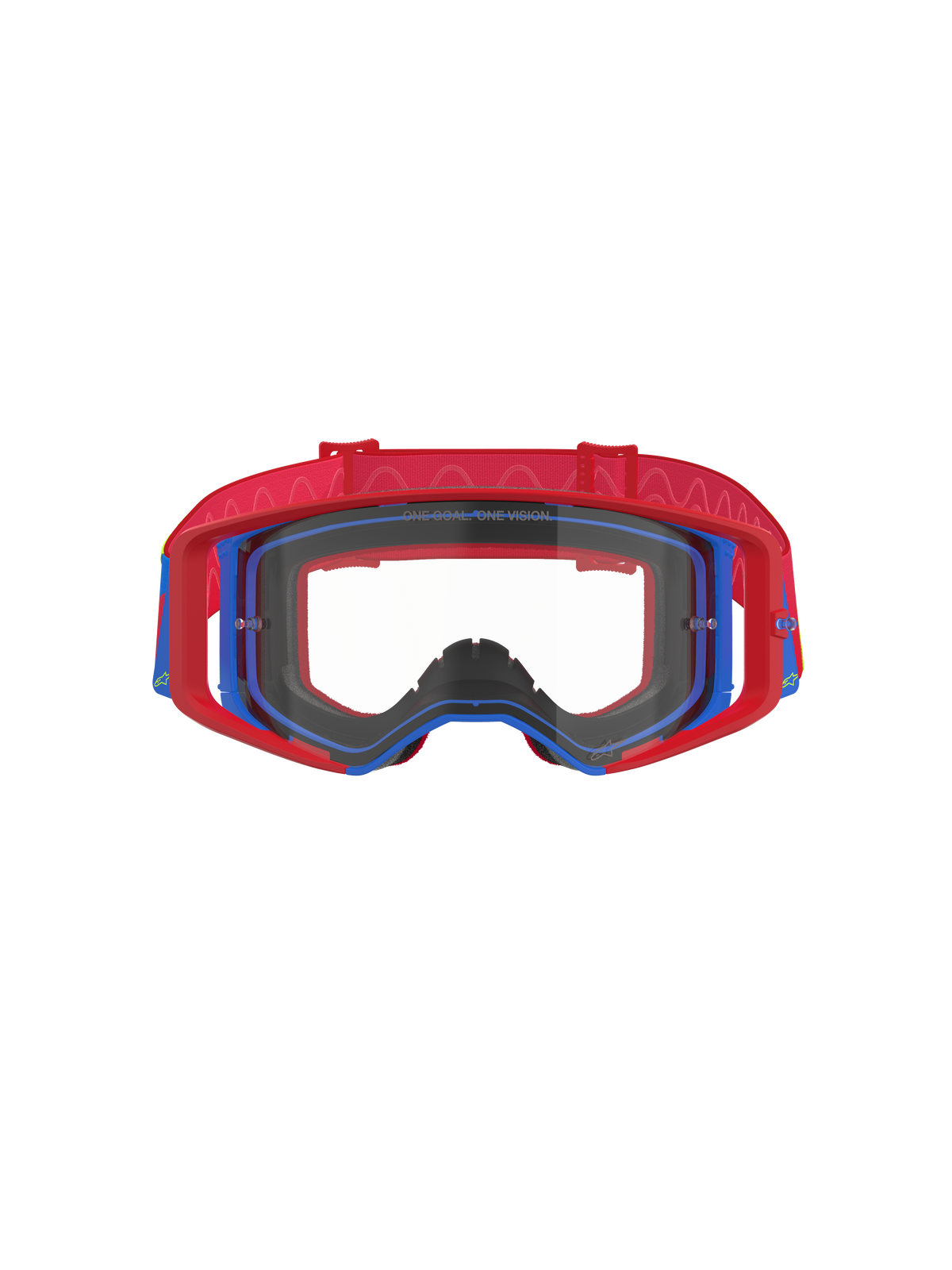 Alpinestars Supertech Corp Goggles, motocross-briller, rød og blå med klar linse, rød ydre ramme og blå indre ramme, rød rem med bølget silikonemønster, præstationsbriller til off-road racing
