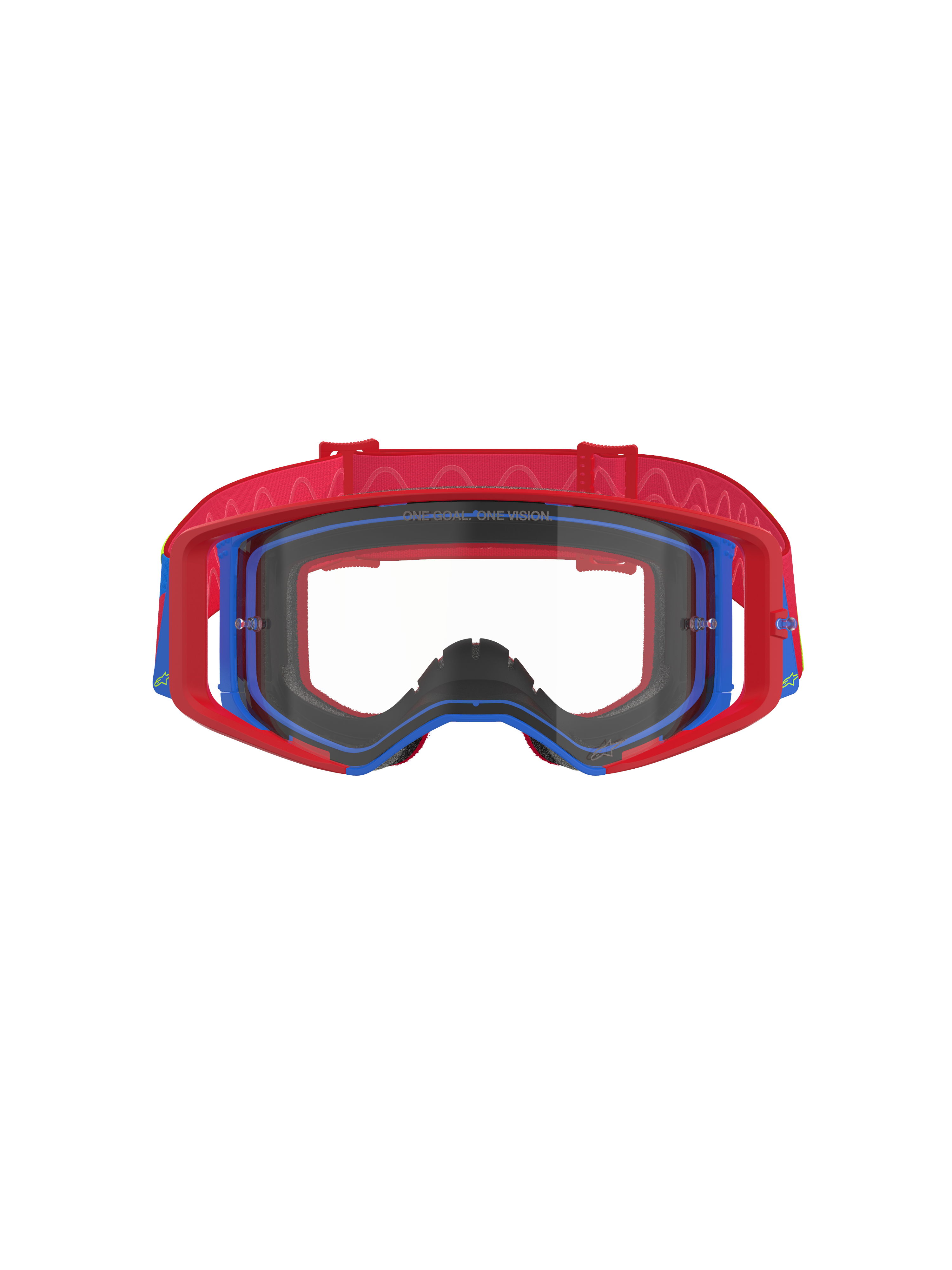 Alpinestars Supertech Corp Goggles, motocross-briller, rød og blå med klar linse, rød ydre ramme og blå indre ramme, rød rem med bølget silikonemønster, præstationsbriller til off-road racing