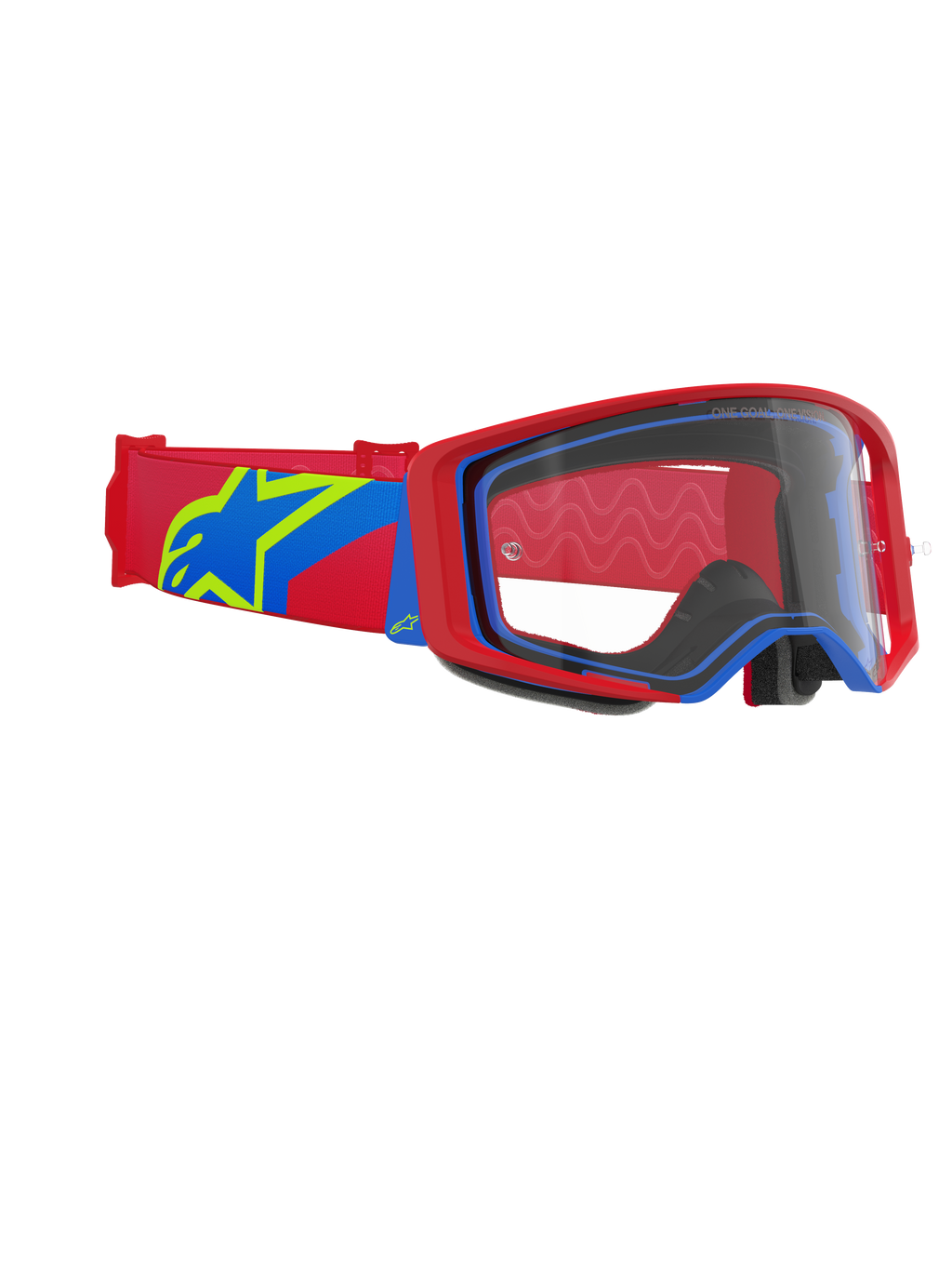 Alpinestars Supertech Corp Goggles, motocross-briller, rød og blå ramme med en klar linse, rød og blå rem med et stort gult og blåt stjerne-logo, professionel øjenbeskyttelse til off-road racing