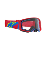 Alpinestars Supertech Corp Goggles, motocross-briller, rød og blå ramme med en klar linse, rød og blå rem med et stort gult og blåt stjerne-logo, professionel øjenbeskyttelse til off-road racing