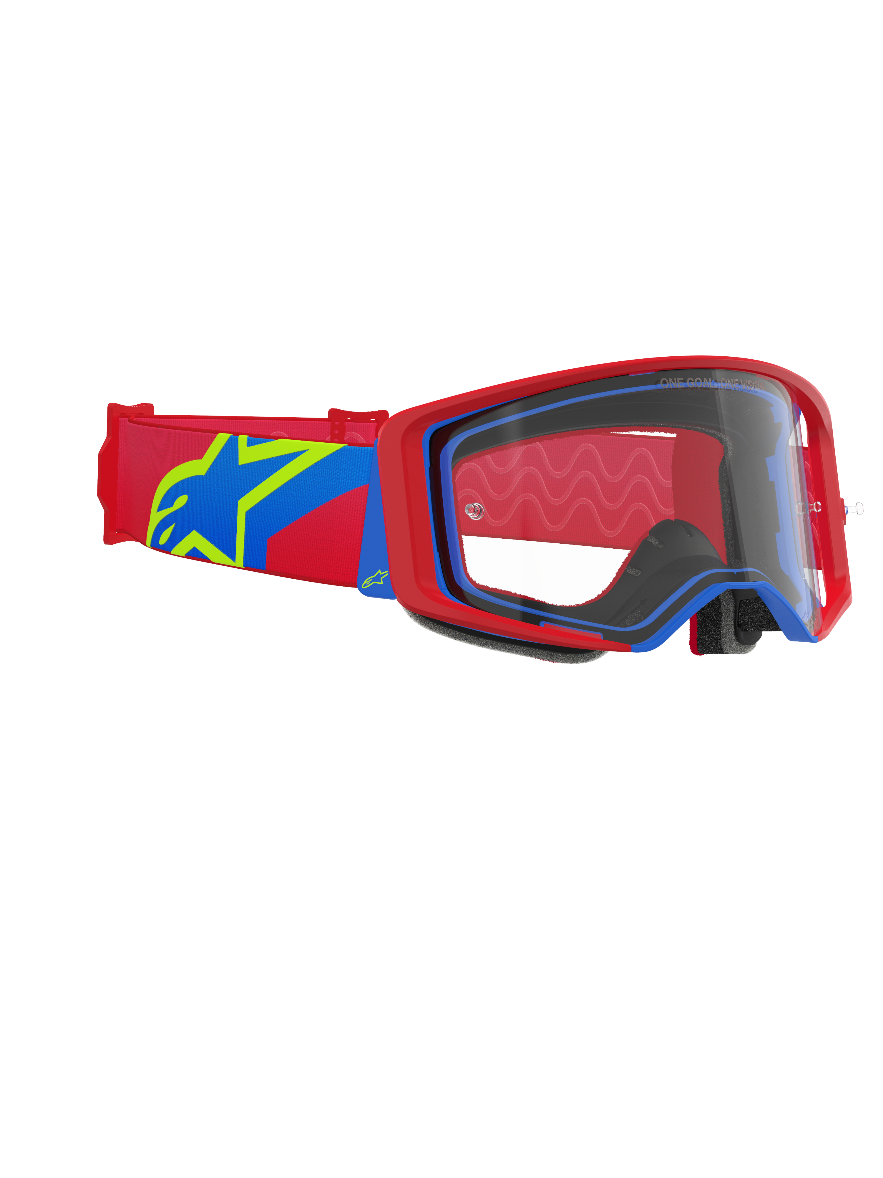 Alpinestars Supertech Corp Goggles, motocross-briller, rød og blå ramme med en klar linse, rød og blå rem med et stort gult og blåt stjerne-logo, professionel øjenbeskyttelse til off-road racing