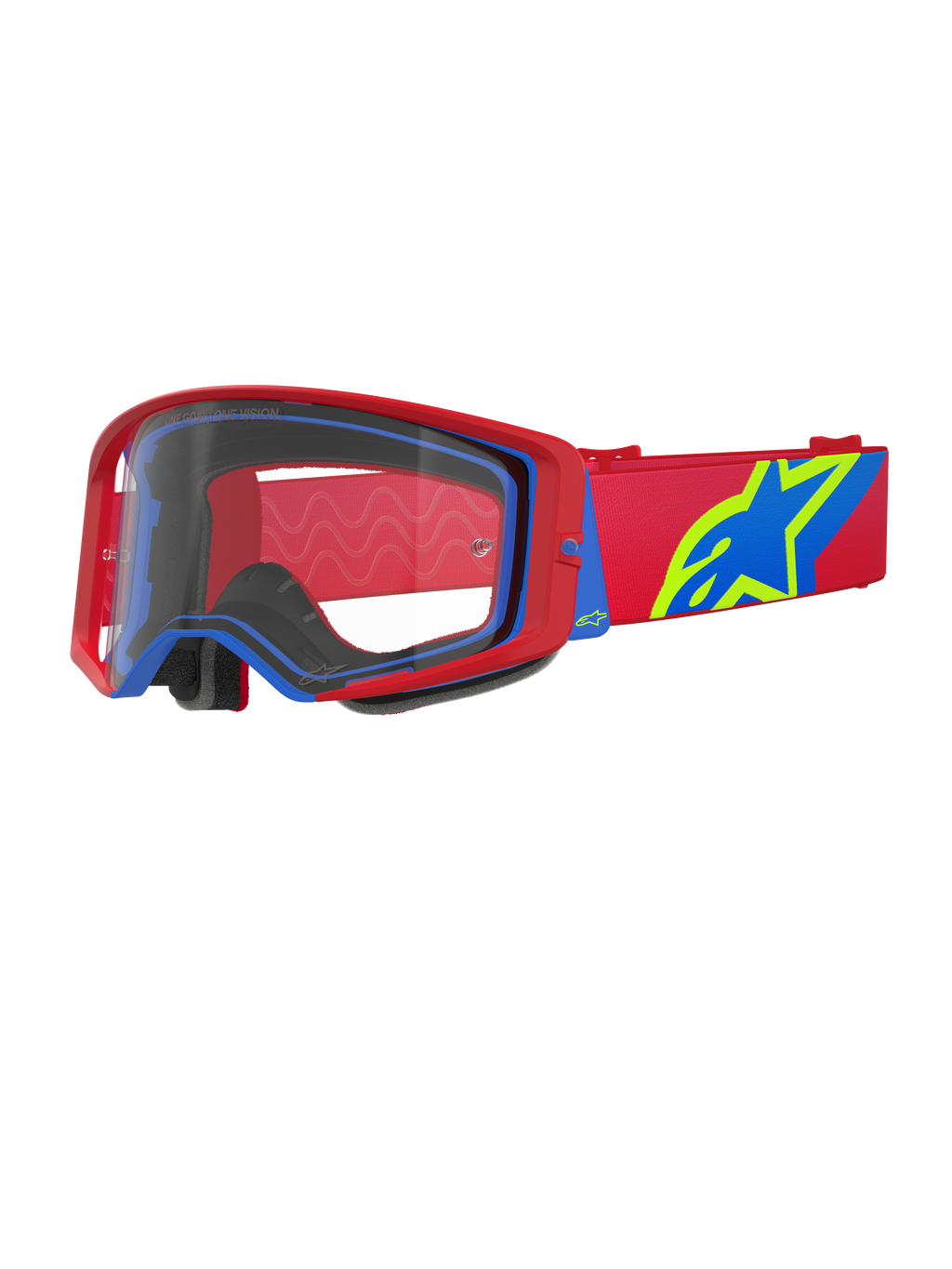 Alpinestars Supertech Corp Goggles, motocross-briller, rød og blå med klar linse, rød justerbar rem med et stort blåt og limegrønt stjernelogo, flerlags ansigtsskum for komfort, højtydende øjenbeskyttelse til off-road racing