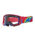 Alpinestars Supertech Corp Goggles, motocross-briller, rød og blå med klar linse, rød justerbar rem med et stort blåt og limegrønt stjernelogo, flerlags ansigtsskum for komfort, højtydende øjenbeskyttelse til off-road racing