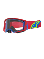 Alpinestars Supertech Corp Goggles, motocross-briller, rød og blå med klar linse, rød justerbar rem med et stort blåt og limegrønt stjernelogo, flerlags ansigtsskum for komfort, højtydende øjenbeskyttelse til off-road racing