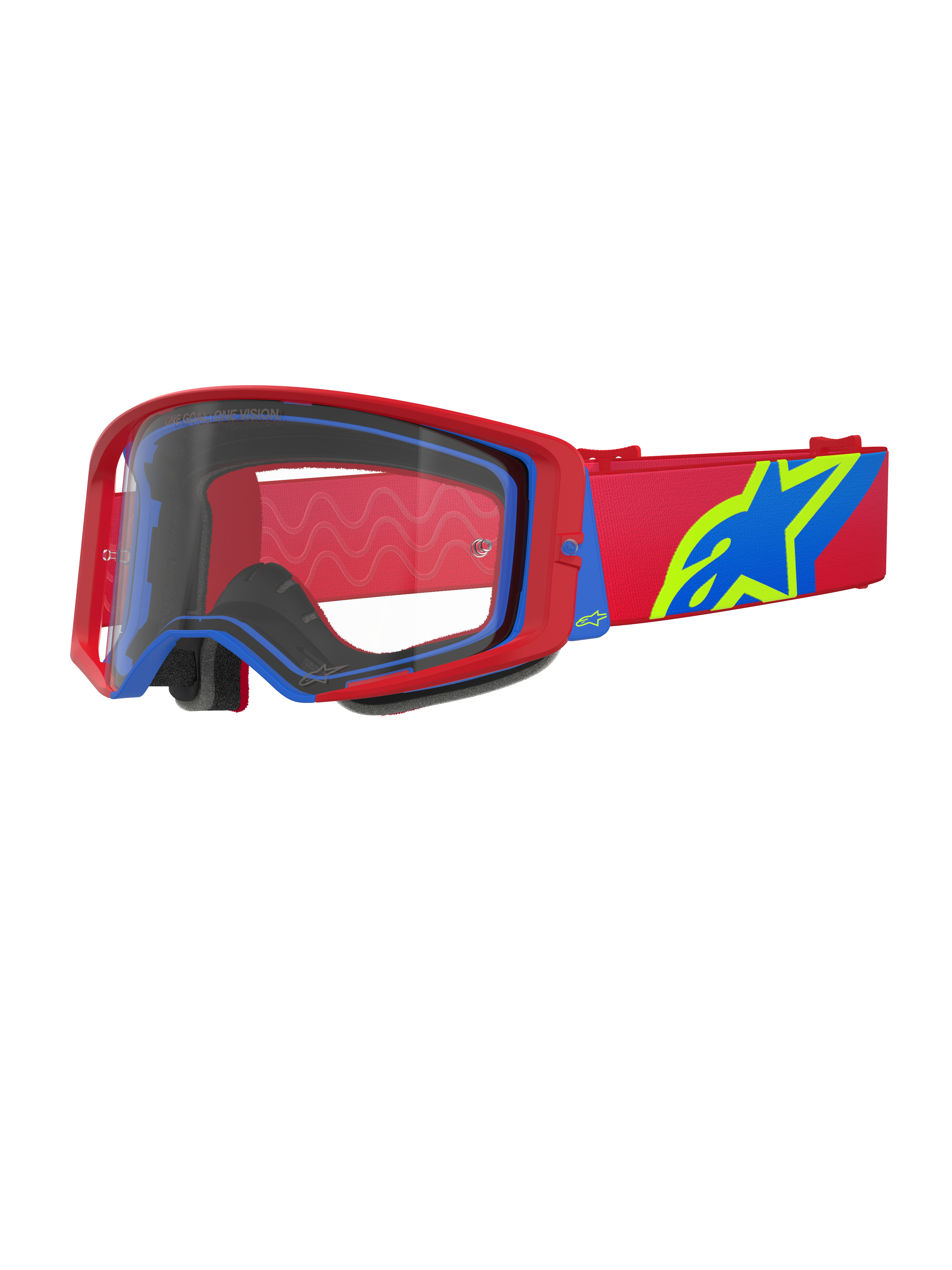 Alpinestars Supertech Corp Goggles, motocross-briller, rød og blå med klar linse, rød justerbar rem med et stort blåt og limegrønt stjernelogo, flerlags ansigtsskum for komfort, højtydende øjenbeskyttelse til off-road racing