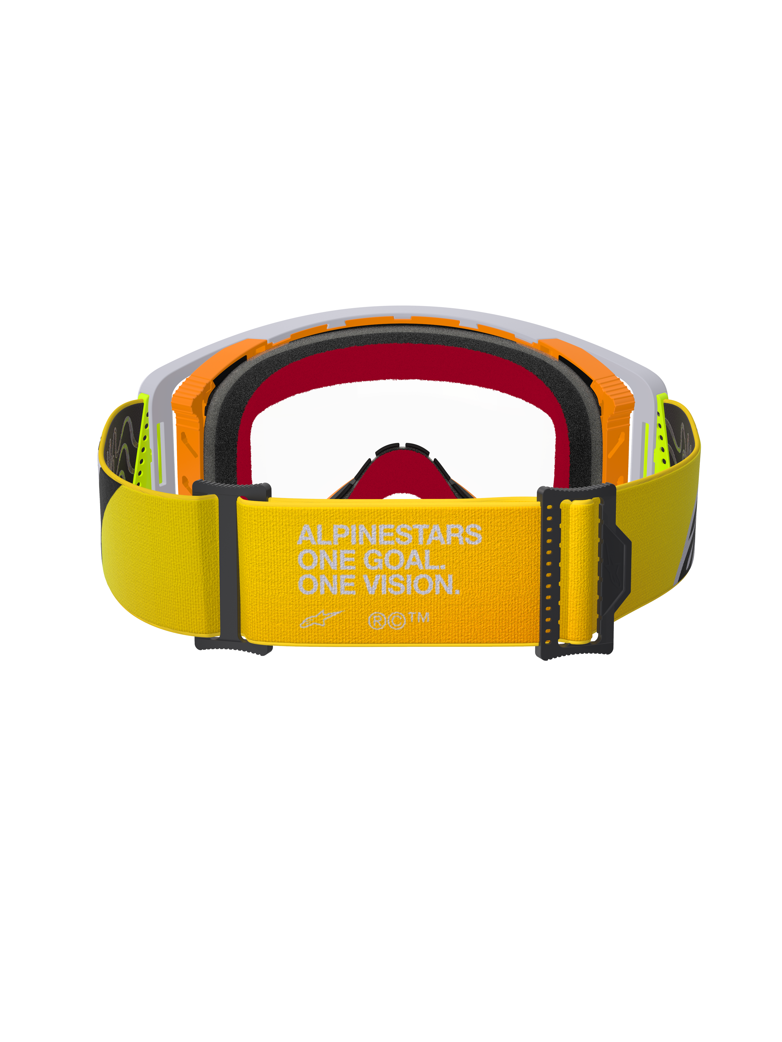 Alpinestars Supertech Corp Goggles, motocross-briller, neongul og grå, set bagfra med fokus på den gule rem med hvid 'ALPINESTARS ONE GOAL. ONE VISION.' branding, flerlags ansigtsskum og holdbart rammedesign til terrænkørsel