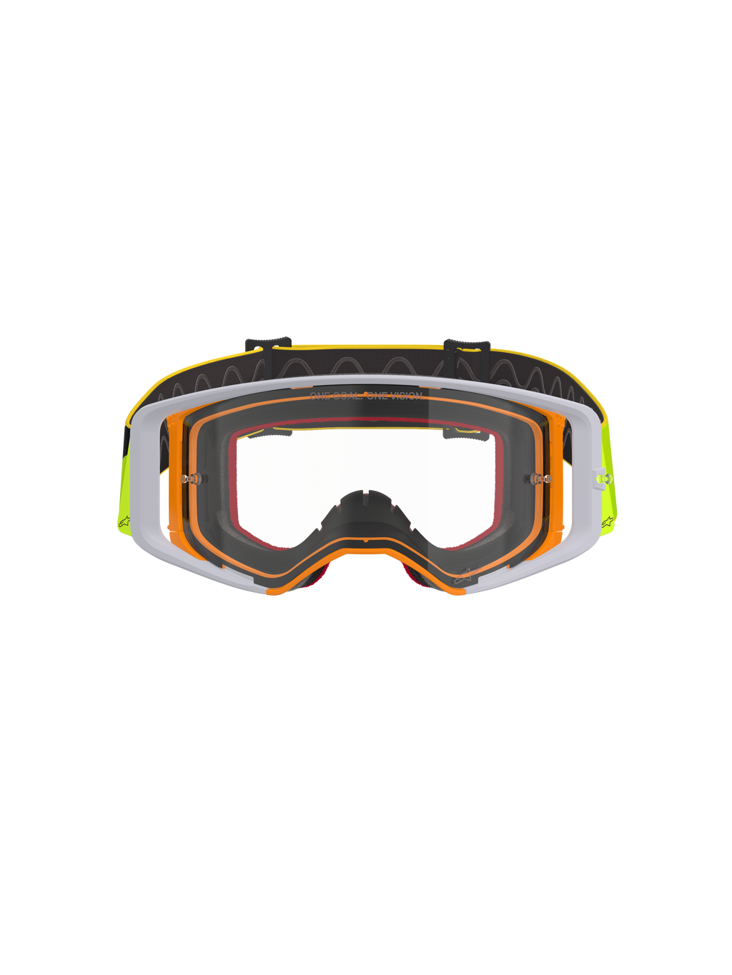 Alpinestars Supertech Corp Goggles, motocross-briller, fluorgul og hvid ramme med klar linse, grå detaljer, sort justerbar rem med gul branding og indvendigt silikonegreb, højtydende briller til terrænkørsel