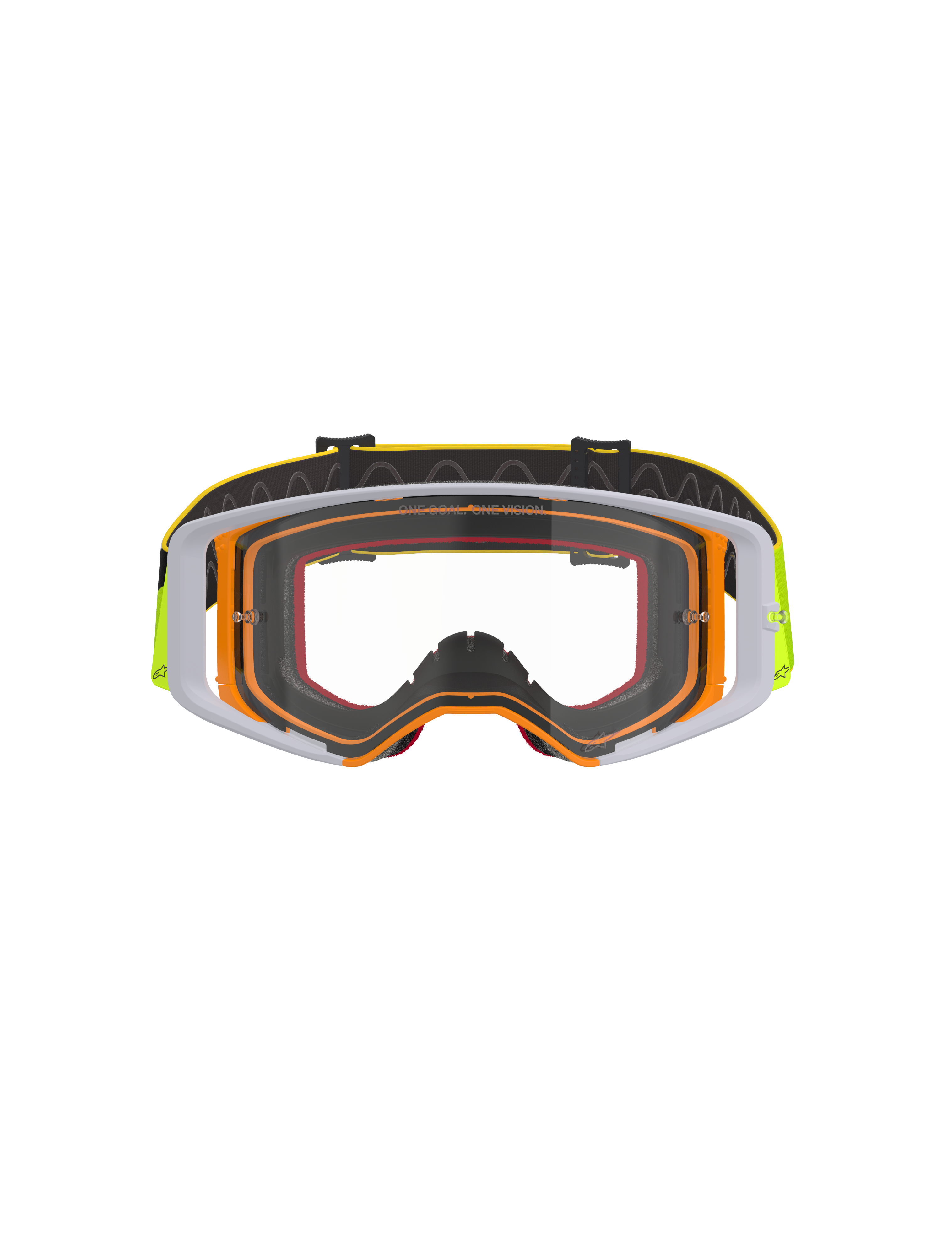 Alpinestars Supertech Corp Goggles, motocross-briller, fluorgul og hvid ramme med klar linse, grå detaljer, sort justerbar rem med gul branding og indvendigt silikonegreb, højtydende briller til terrænkørsel