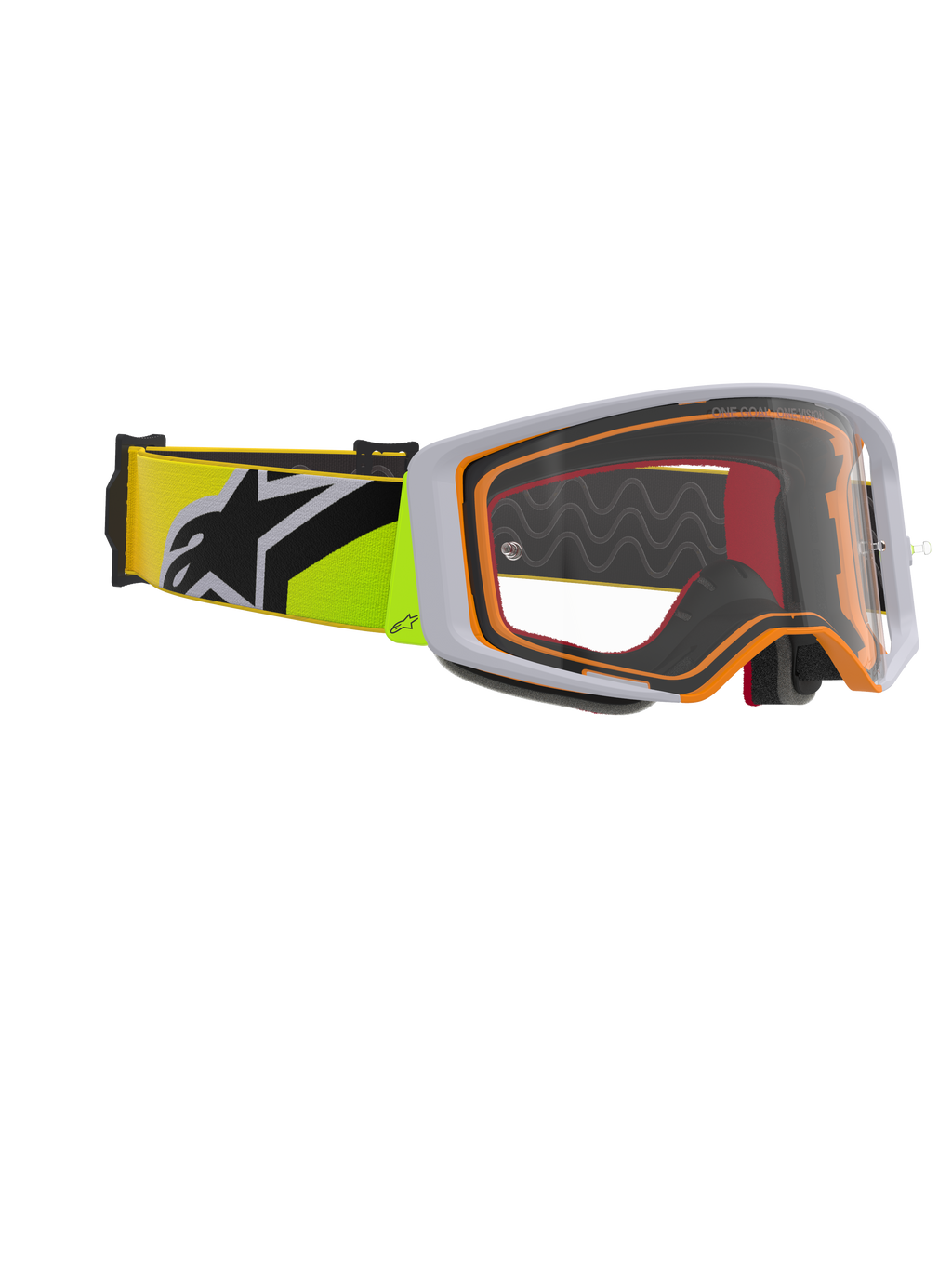 Alpinestars Supertech Corp Goggles, motocross-briller, fluorgul og grå, klar linse med orange rammedetaljer, med en fluorgul rem med sort Alpinestars-logo til off-road racing