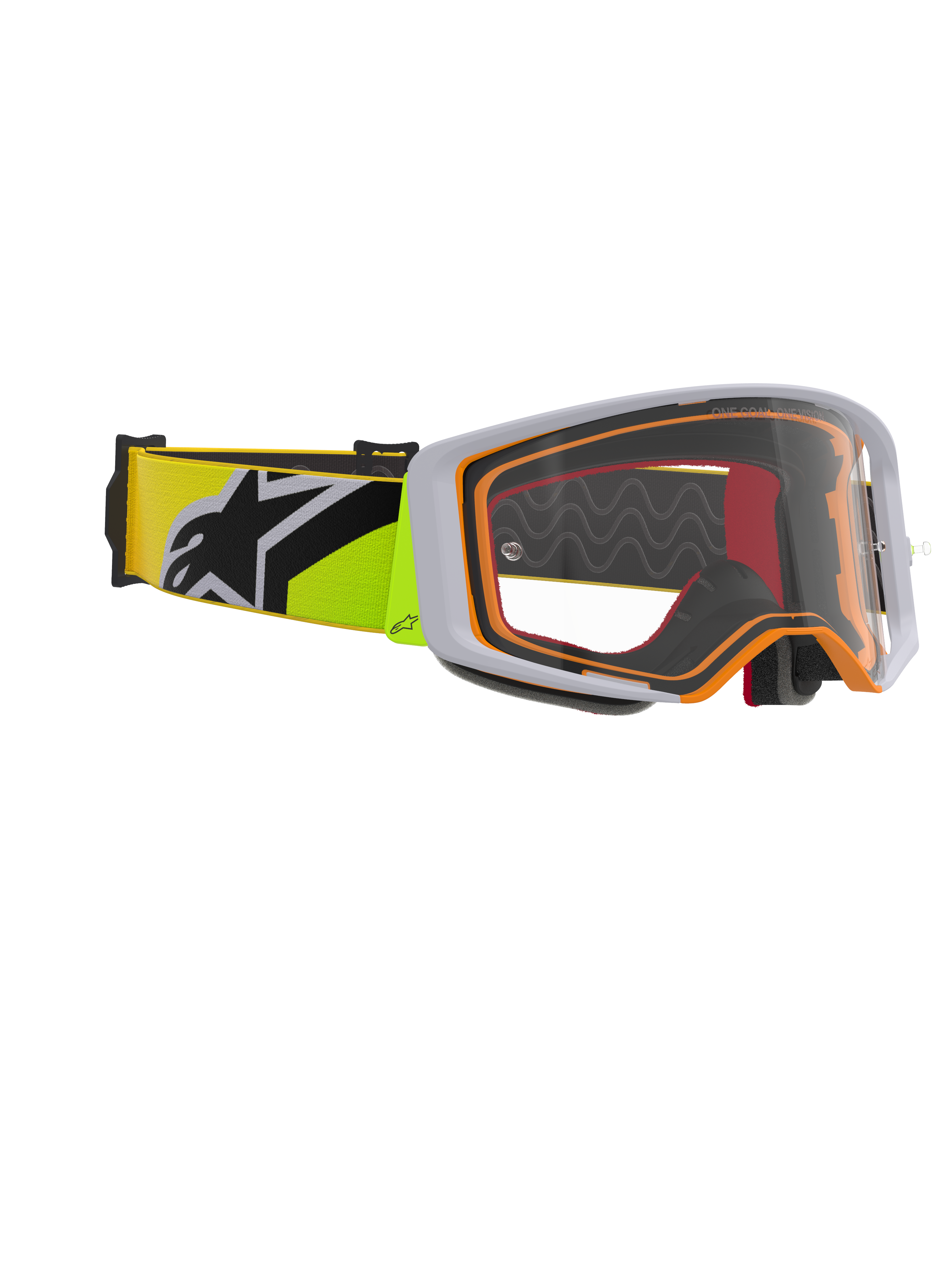 Alpinestars Supertech Corp Goggles, motocross-briller, fluorgul og grå, klar linse med orange rammedetaljer, med en fluorgul rem med sort Alpinestars-logo til off-road racing