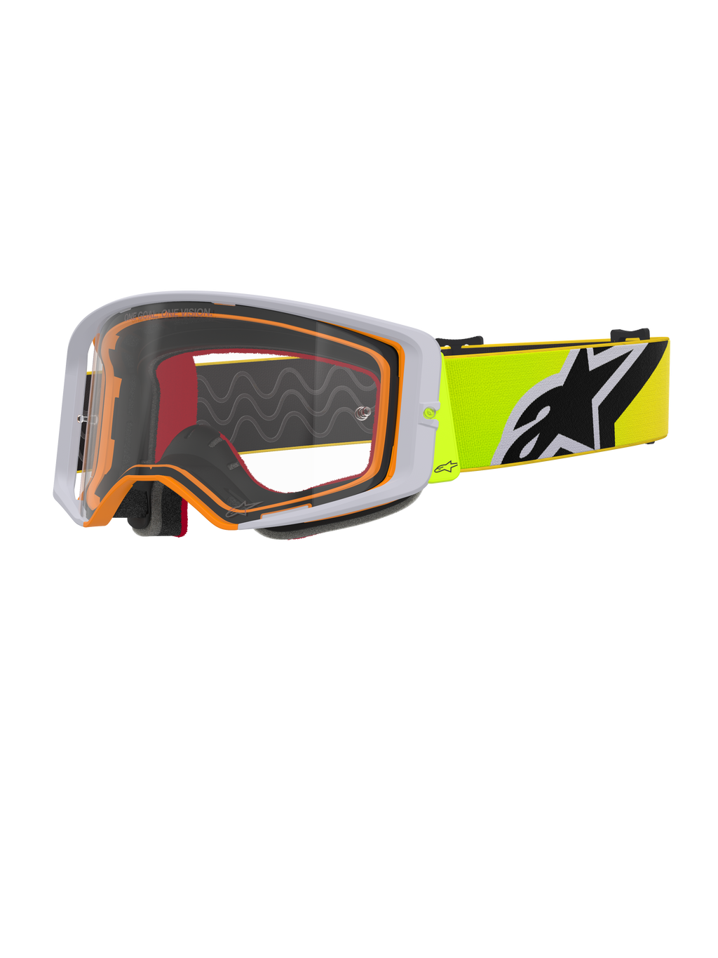 Alpinestars Supertech Corp Goggles, motocross-briller, Fluo Yellow Grey Clear, grå ydre ramme med orange indvendig tætning, klar linse, neongul rem med sort og hvidt Alpinestars-logo, højtydende briller til off-road-kørsel