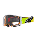 Alpinestars Supertech Corp Goggles, motocross-briller, Fluo Yellow Grey Clear, grå ydre ramme med orange indvendig tætning, klar linse, neongul rem med sort og hvidt Alpinestars-logo, højtydende briller til off-road-kørsel