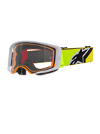 Alpinestars Supertech Corp Goggles, motocross-briller, Fluo Yellow Grey Clear, grå ydre ramme med orange indvendig tætning, klar linse, neongul rem med sort og hvidt Alpinestars-logo, højtydende briller til off-road-kørsel