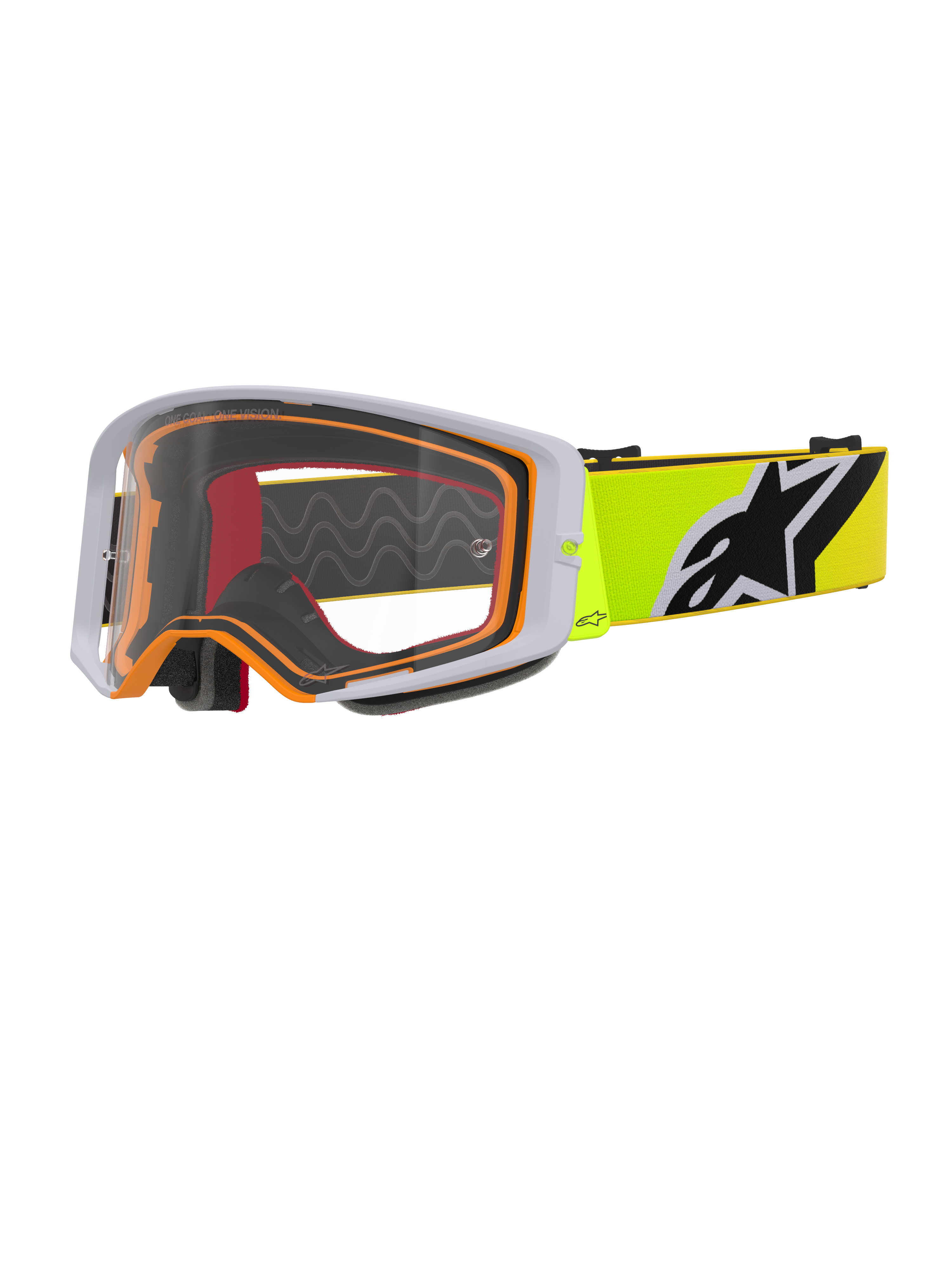 Alpinestars Supertech Corp Goggles, motocross-briller, Fluo Yellow Grey Clear, grå ydre ramme med orange indvendig tætning, klar linse, neongul rem med sort og hvidt Alpinestars-logo, højtydende briller til off-road-kørsel