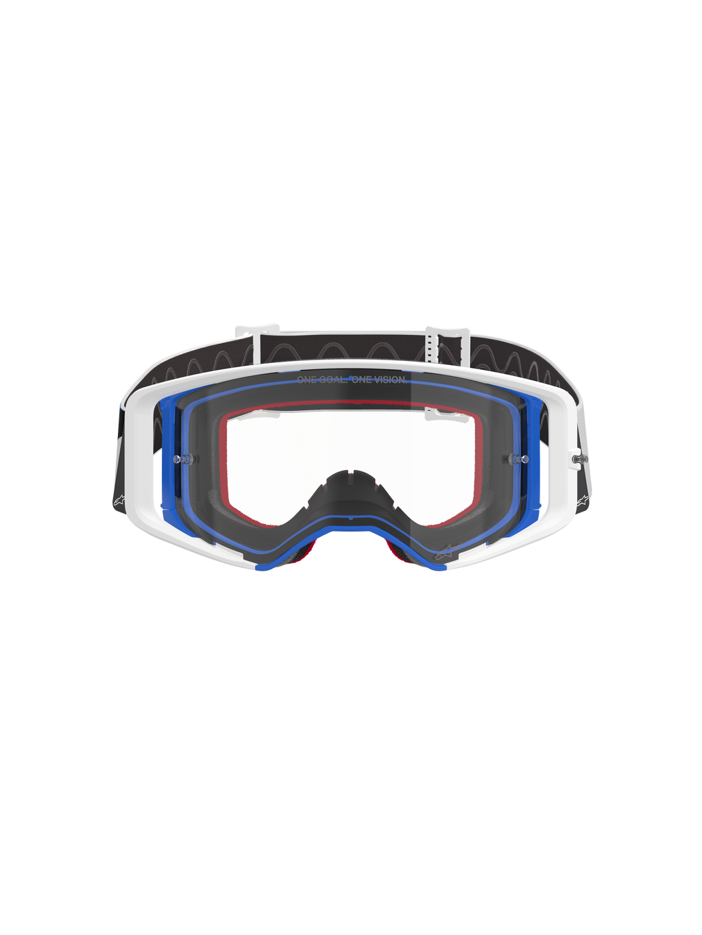 Alpinestars Supertech Corp Goggles, motocross-briller, blå, hvid og orange med klar linse, sort rem med hvidt logo, professionelle off-road racing-briller med bredt synsfelt og dobbelt-injiceret rammedesign