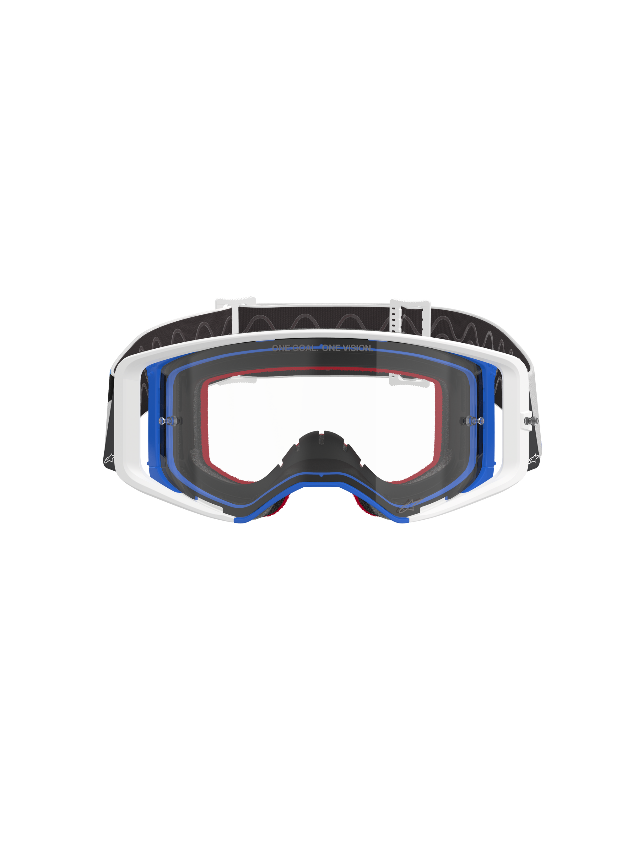 Alpinestars Supertech Corp Goggles, motocross-briller, blå, hvid og orange med klar linse, sort rem med hvidt logo, professionelle off-road racing-briller med bredt synsfelt og dobbelt-injiceret rammedesign