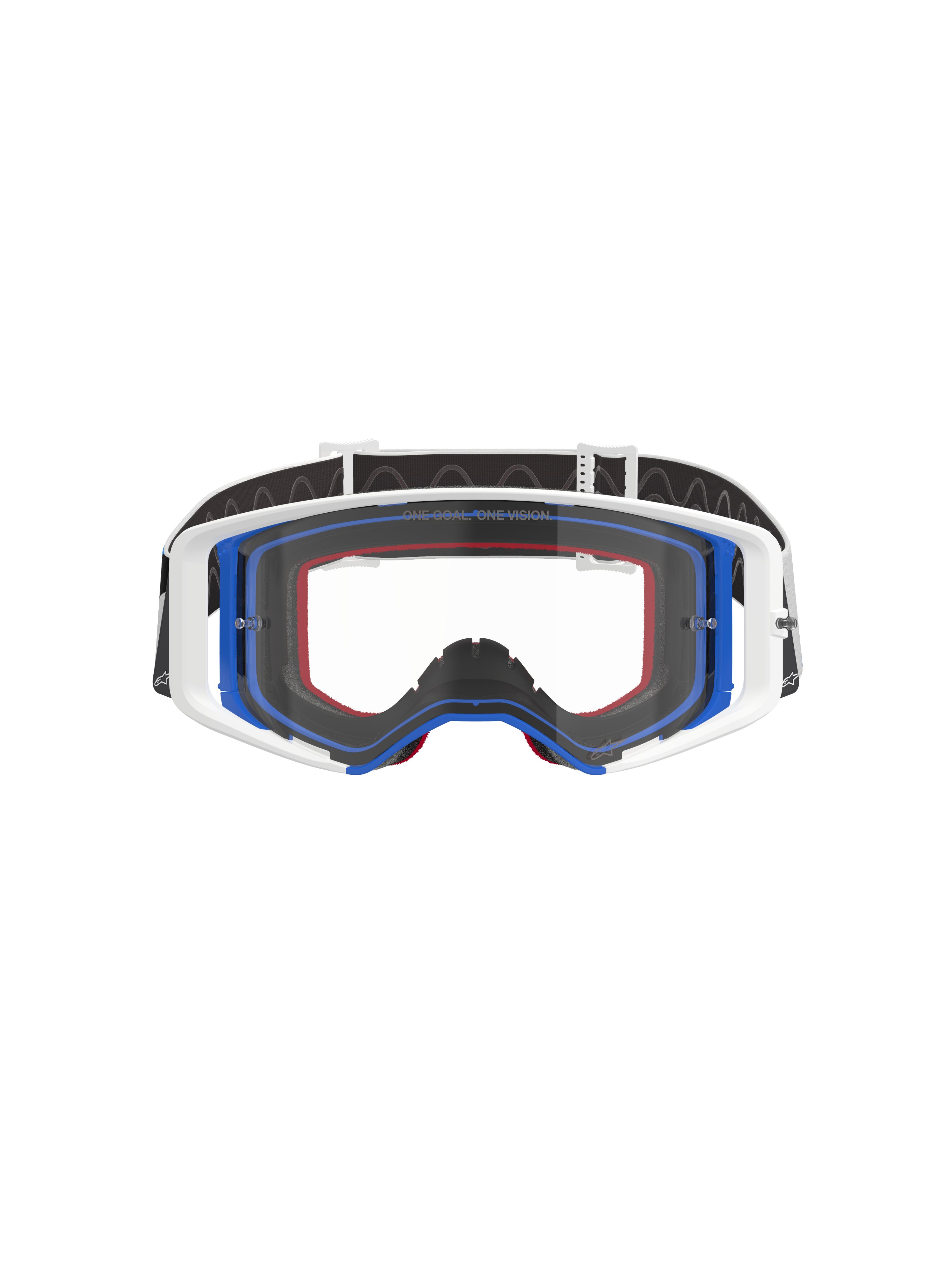 Alpinestars Supertech Corp Goggles, motocross-briller, blå, hvid og orange med klar linse, sort rem med hvidt logo, professionelle off-road racing-briller med bredt synsfelt og dobbelt-injiceret rammedesign