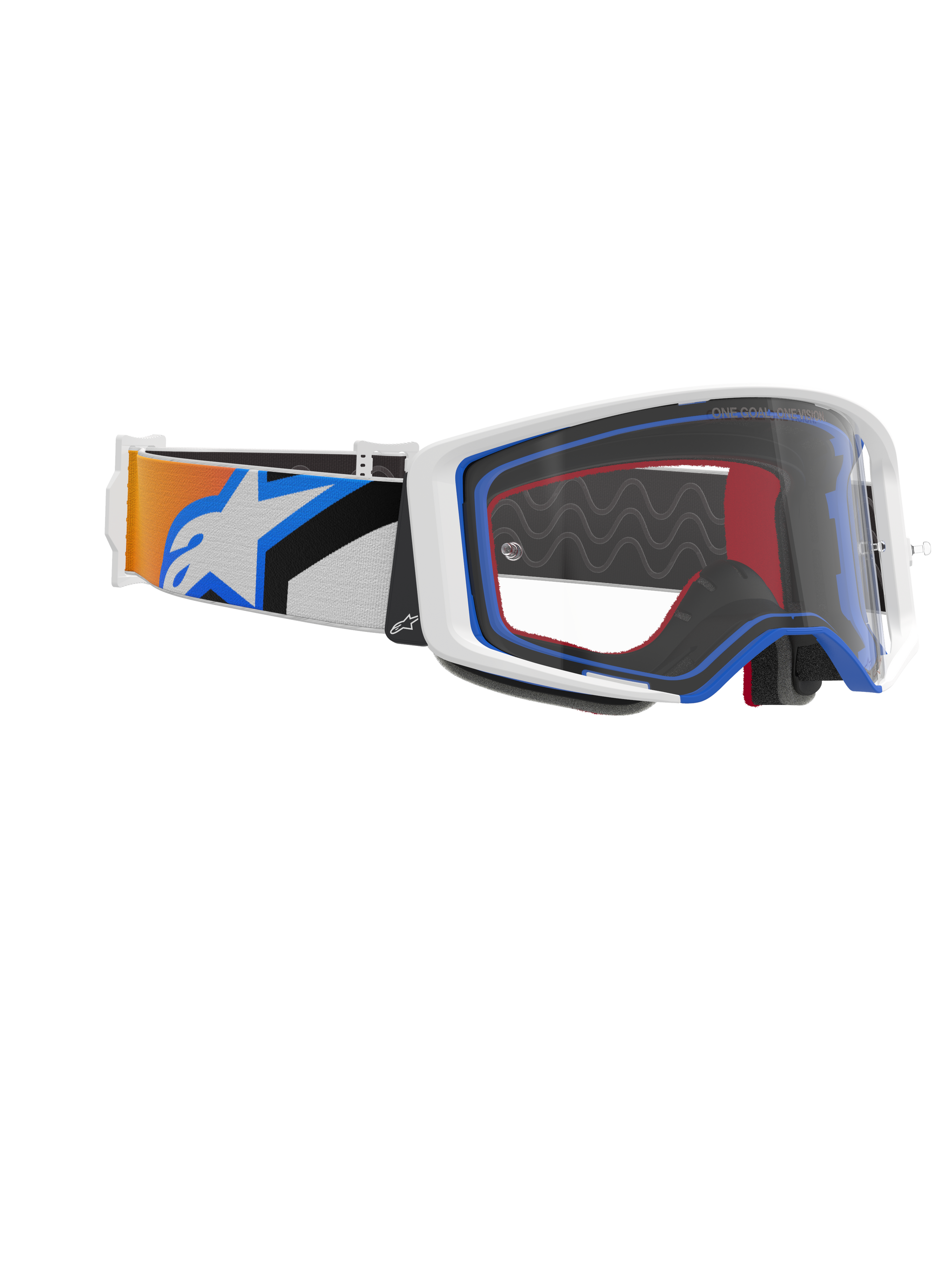 Alpinestars Supertech Corp Goggles, motocross-briller, blå, orange og klar, sidevisning der viser klar linse, hvid ramme med blå og røde detaljer, og bred rem med orange og blå grafik og stort hvidt Alpinestars-logo.