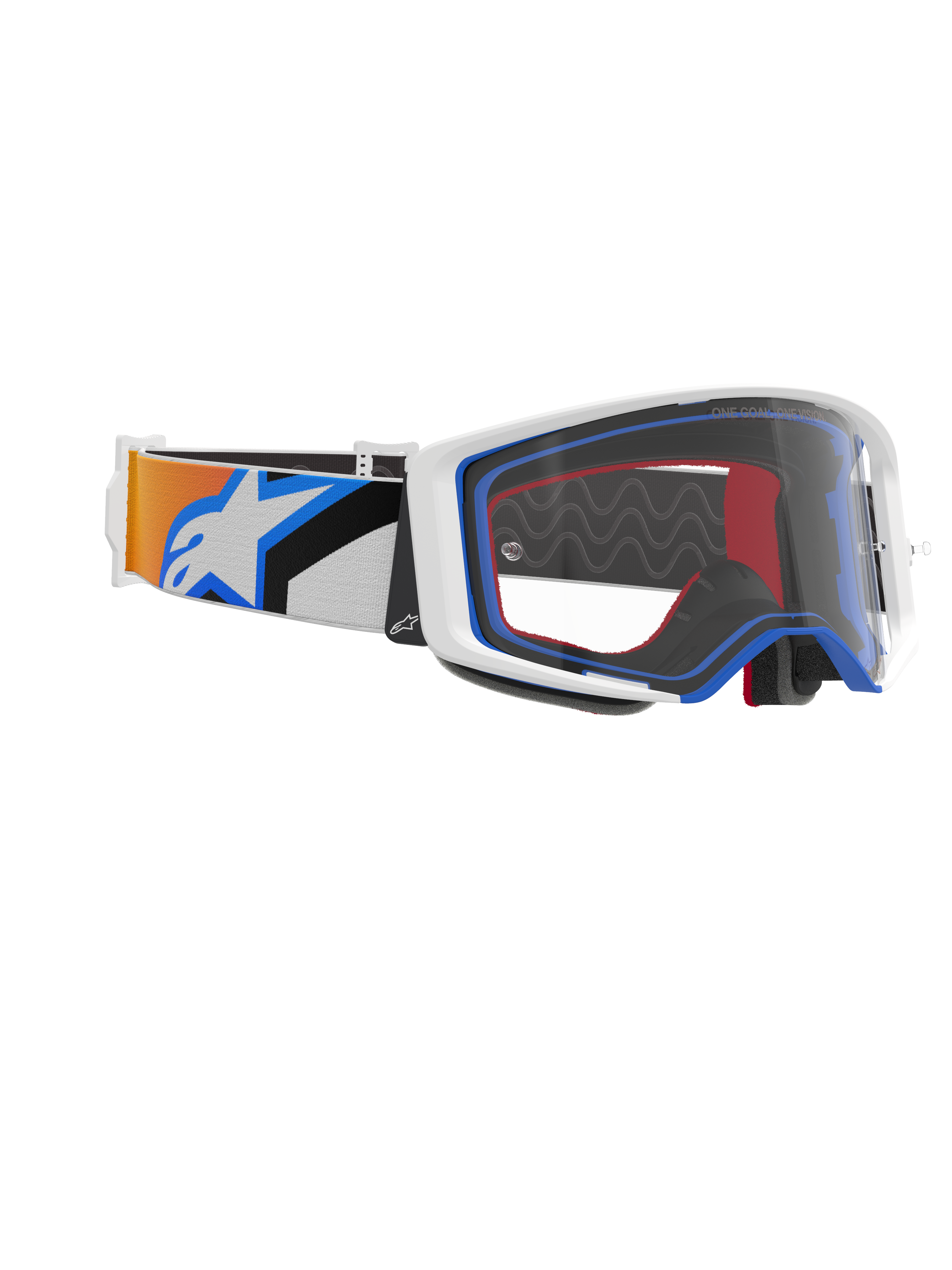 Alpinestars Supertech Corp Goggles, motocross-briller, blå, orange og klar, sidevisning der viser klar linse, hvid ramme med blå og røde detaljer, og bred rem med orange og blå grafik og stort hvidt Alpinestars-logo.