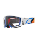 Alpinestars Supertech Corp Goggles, motocross-briller, blå, orange og hvid, klar linse med hvid ramme og blå detaljer, bred rem med Alpinestars stjernelogo og silikonegreb, højtydende beskyttelsesbriller til off-road racing