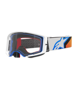 Alpinestars Supertech Corp Goggles, motocross-briller, blå, orange og hvid, klar linse med hvid ramme og blå detaljer, bred rem med Alpinestars stjernelogo og silikonegreb, højtydende beskyttelsesbriller til off-road racing