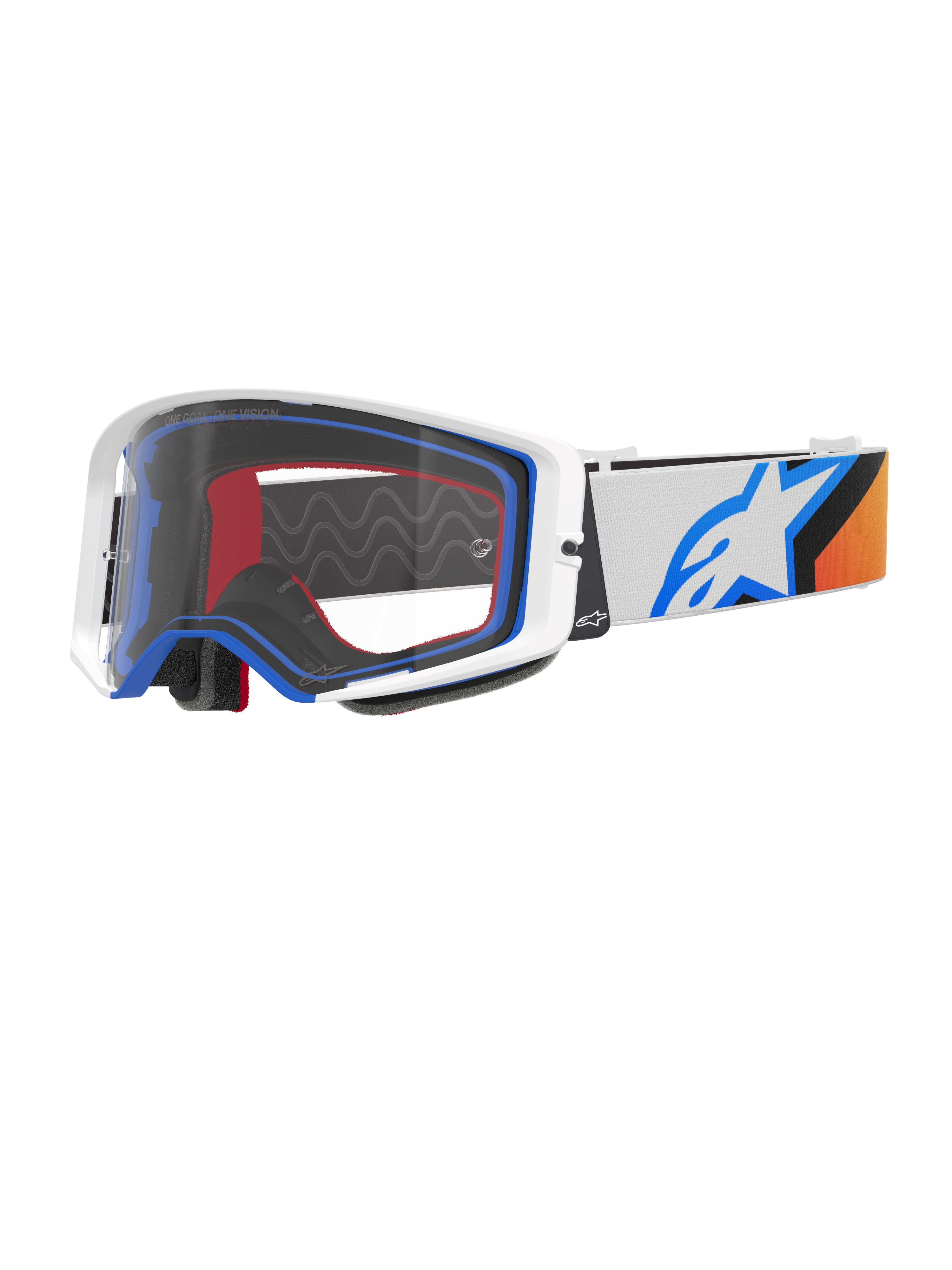 Alpinestars Supertech Corp Goggles, motocross-briller, blå, orange og hvid, klar linse med hvid ramme og blå detaljer, bred rem med Alpinestars stjernelogo og silikonegreb, højtydende beskyttelsesbriller til off-road racing
