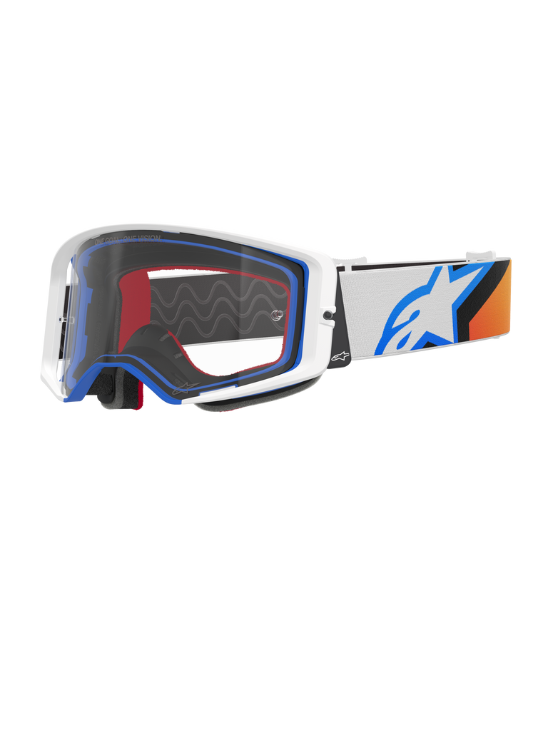 Alpinestars Supertech Corp Goggles, Motocross Goggles, Blue Orange and White, Clear lens with white frame and blue accents, wide strap with Alpinestars star logo and silicone grip, high-performance protective eyewear for off-road racing