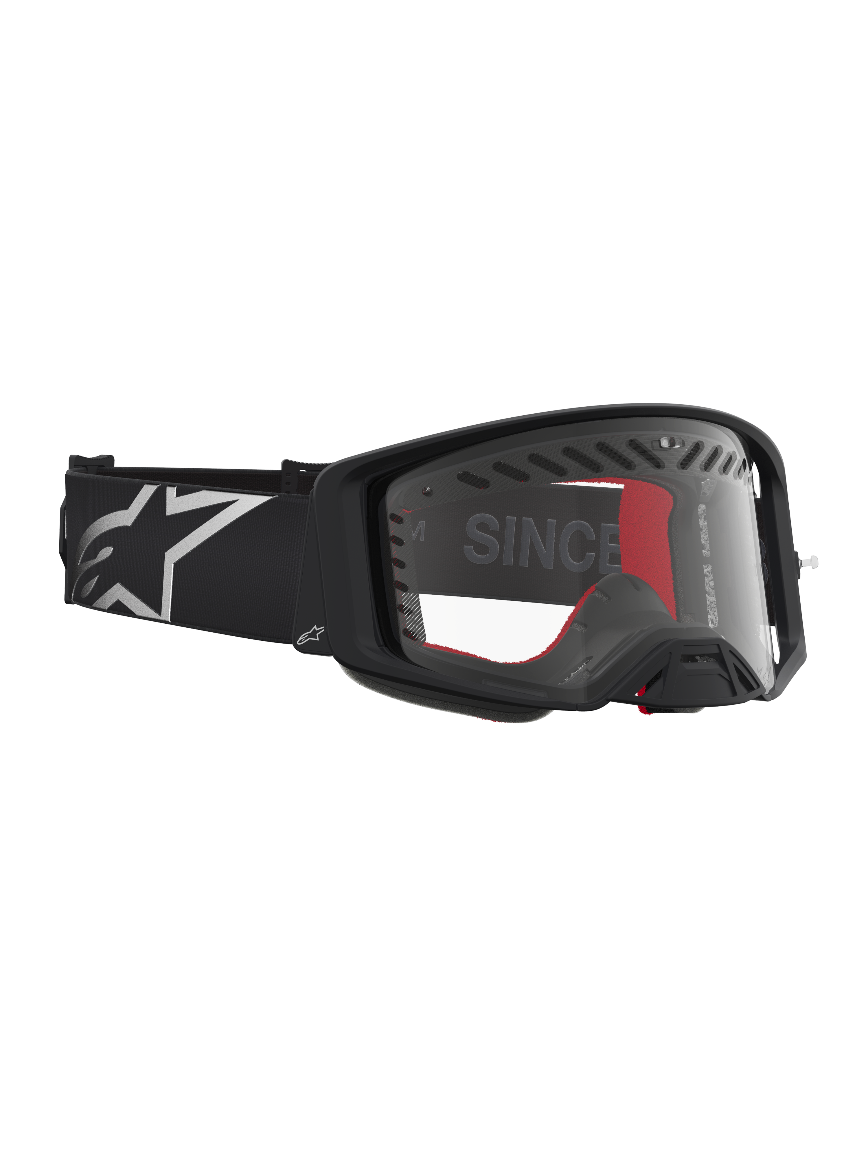 Alpinestars Supertech Dura Air Fluid Goggles, sort og sølv MX-racinggoggles med en klar polycarbonatlinse.