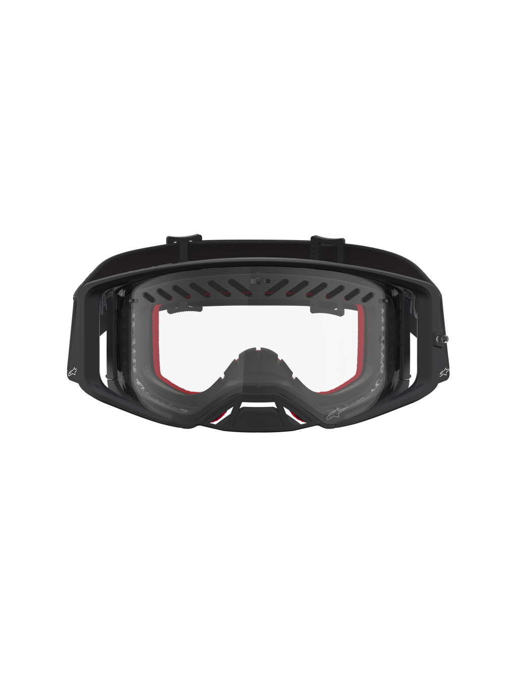 Alpinestars Supertech Dura Air Fluid Goggles, sorte og røde motocross goggles med klar linse og ventileret ramme.