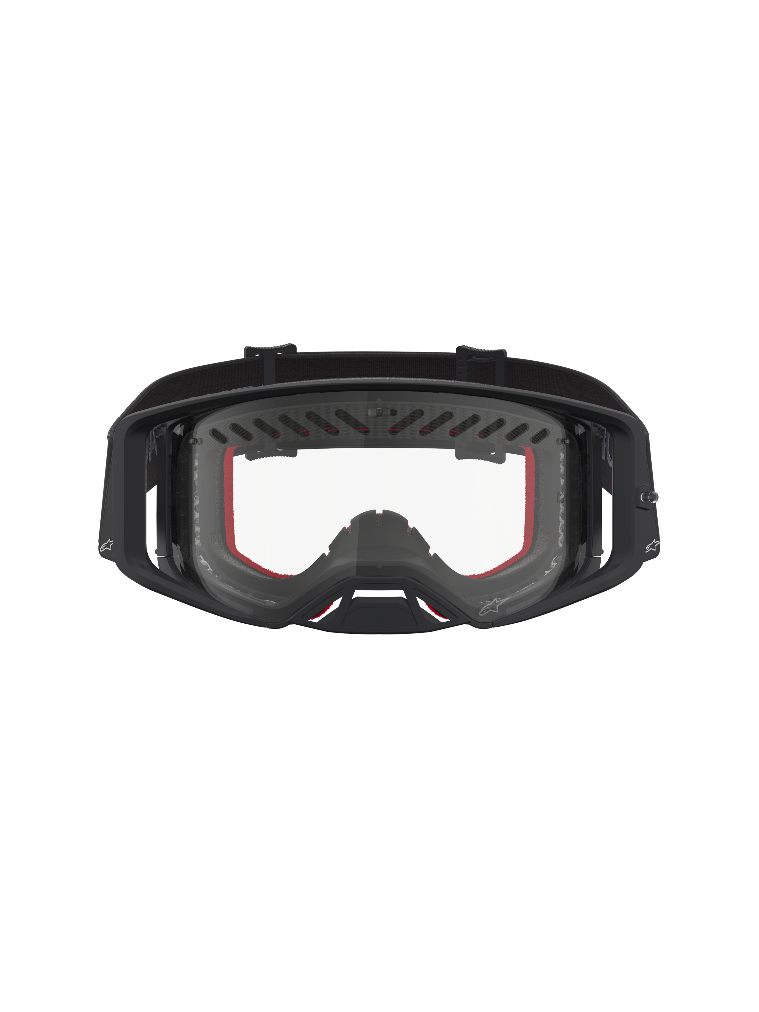 Alpinestars Supertech Dura Air Fluid Goggles, sorte og røde motocross goggles med klar linse og ventileret ramme.
