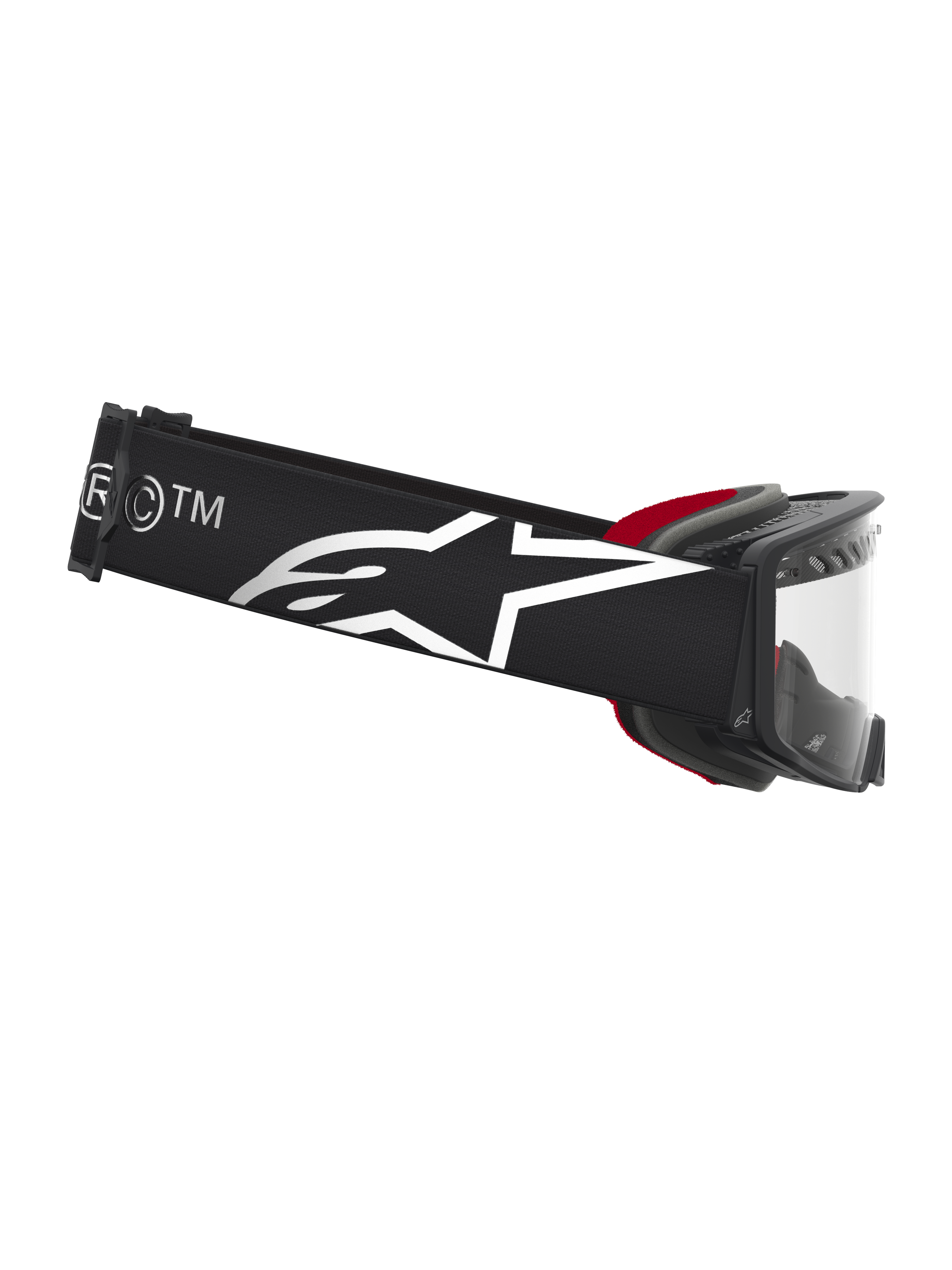 Alpinestars Supertech Dura Air Fluid Goggles, motocross-goggles til terrænkørsel, sort og sølv med hvidt logo på stroppen og klar linse