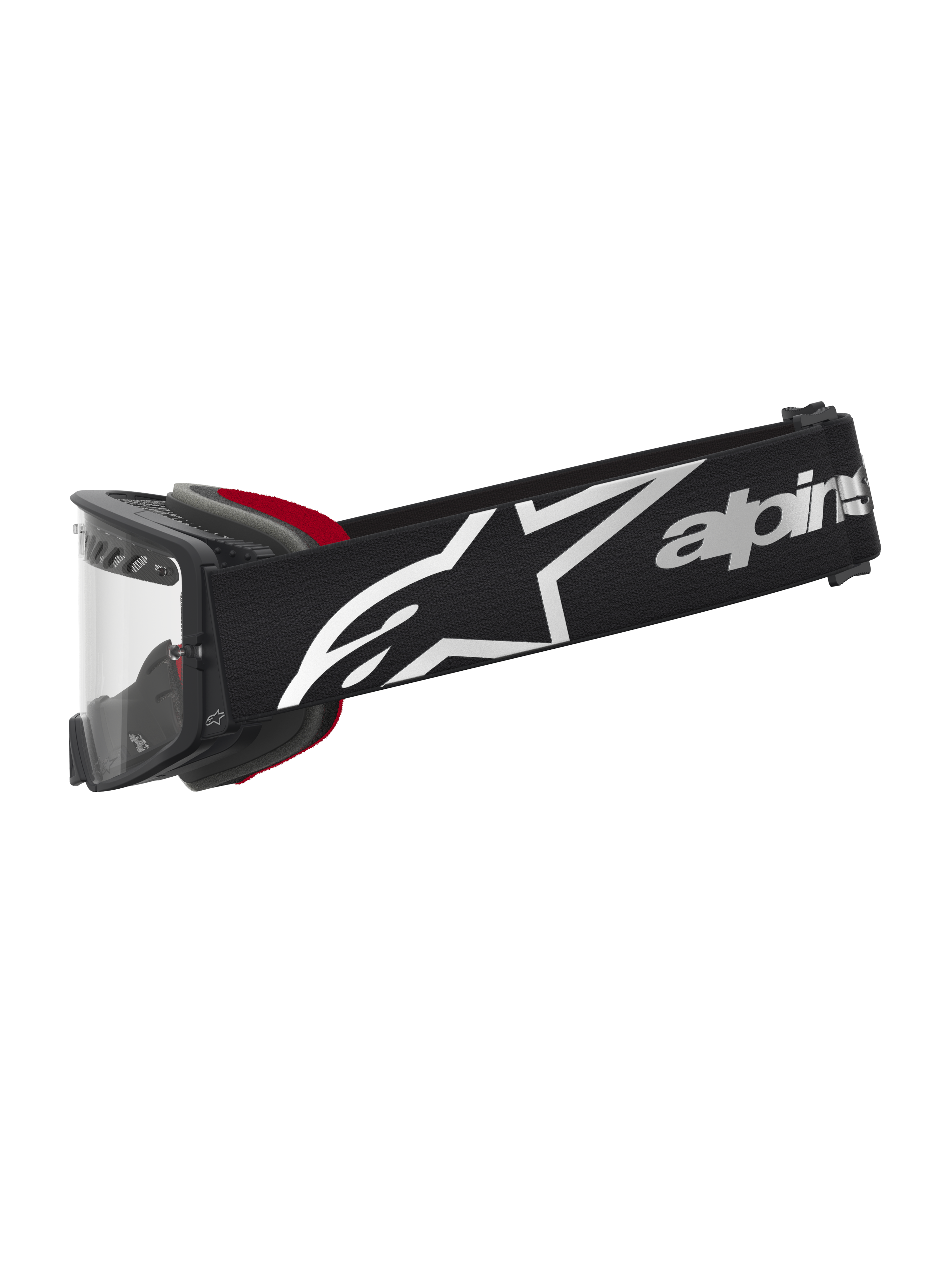 Alpinestars Supertech Dura Air Fluid goggles, sorte og røde motocross-goggles med hvidt logo og klar linse.