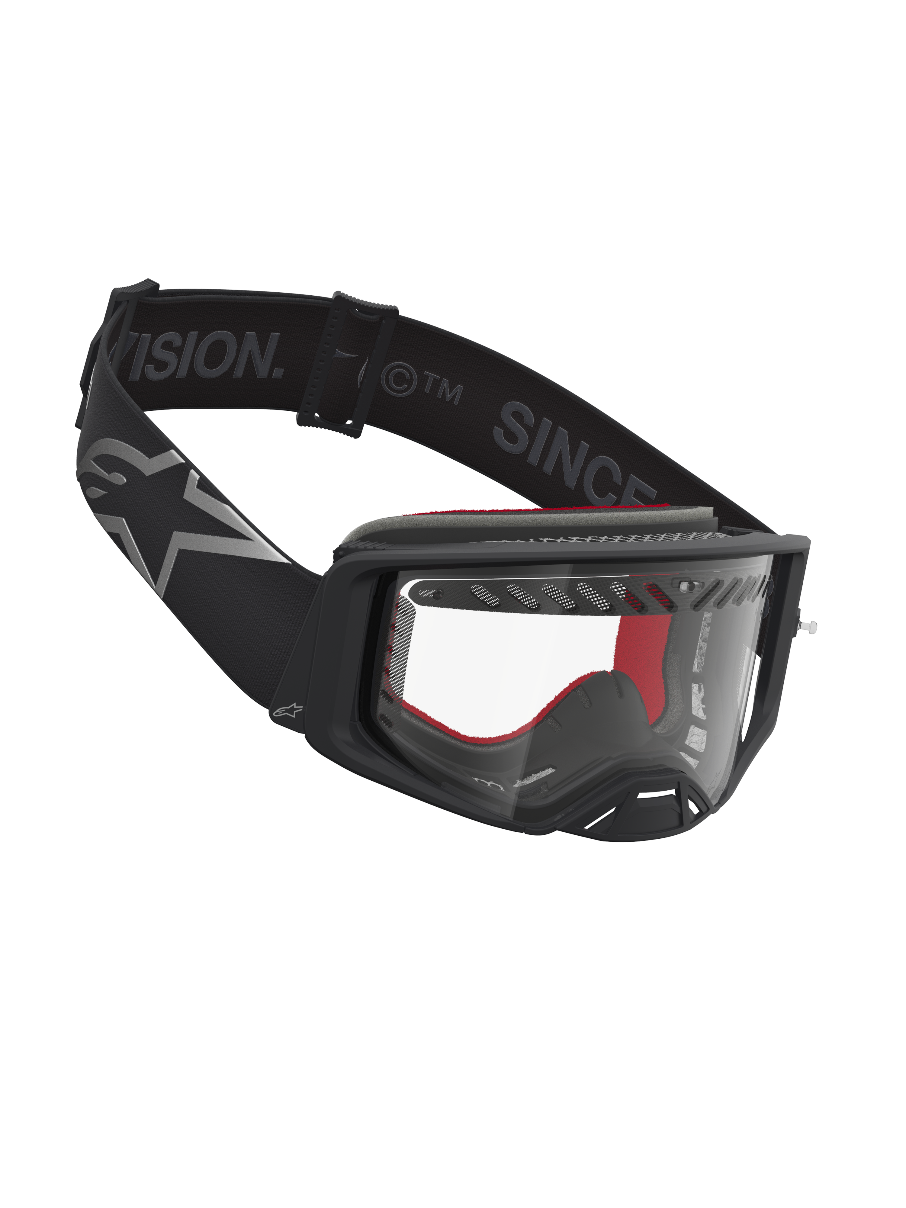 Alpinestars Supertech Dura Air Fluid goggles, professionelle motocross-goggles i sort og sølv med klar polycarbonatlinse.