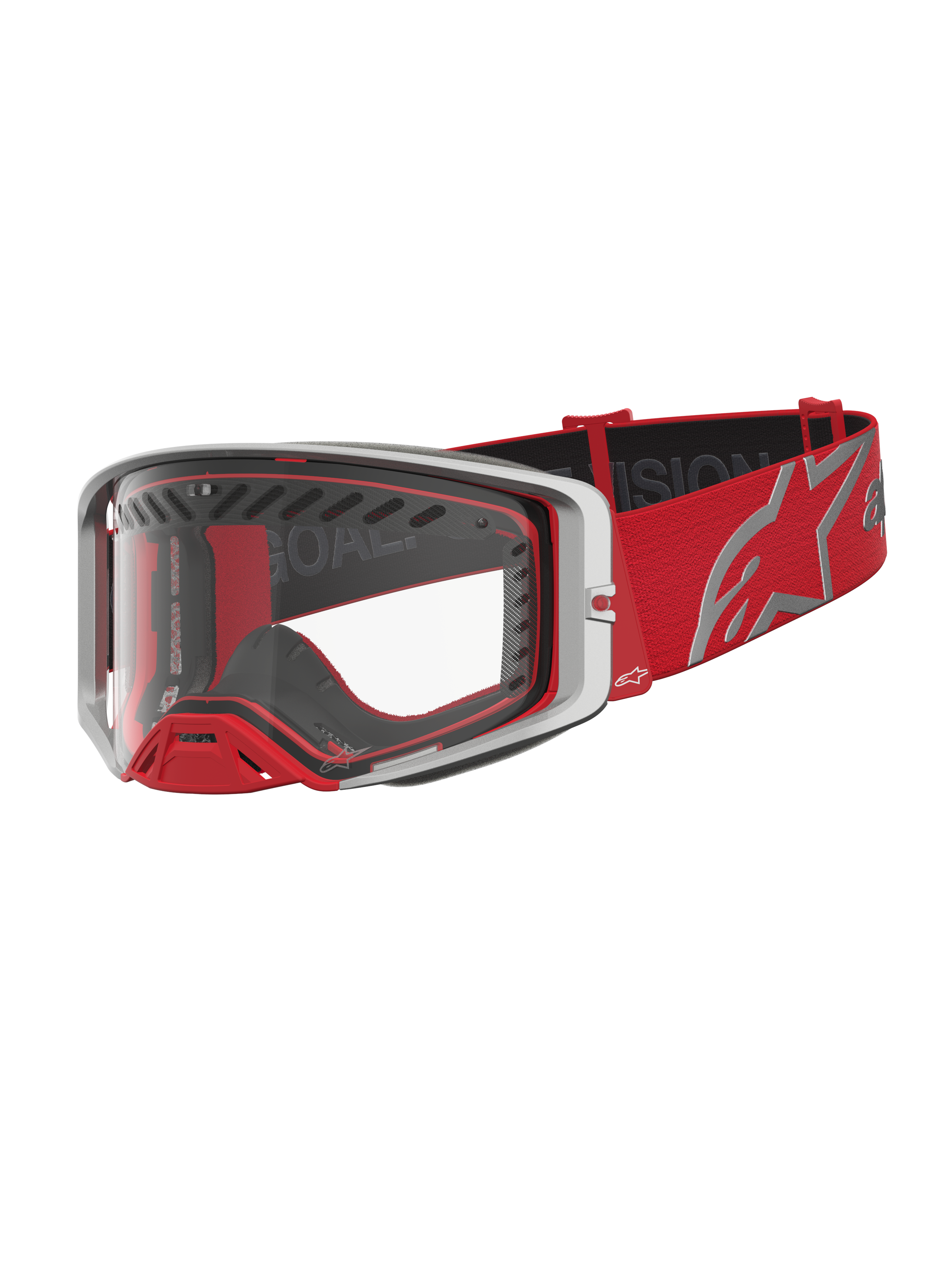Alpinestars Supertech Dura Air Fluid Goggles, motocross-goggles til racing, rød og sølv, klar polycarbonatlinse.