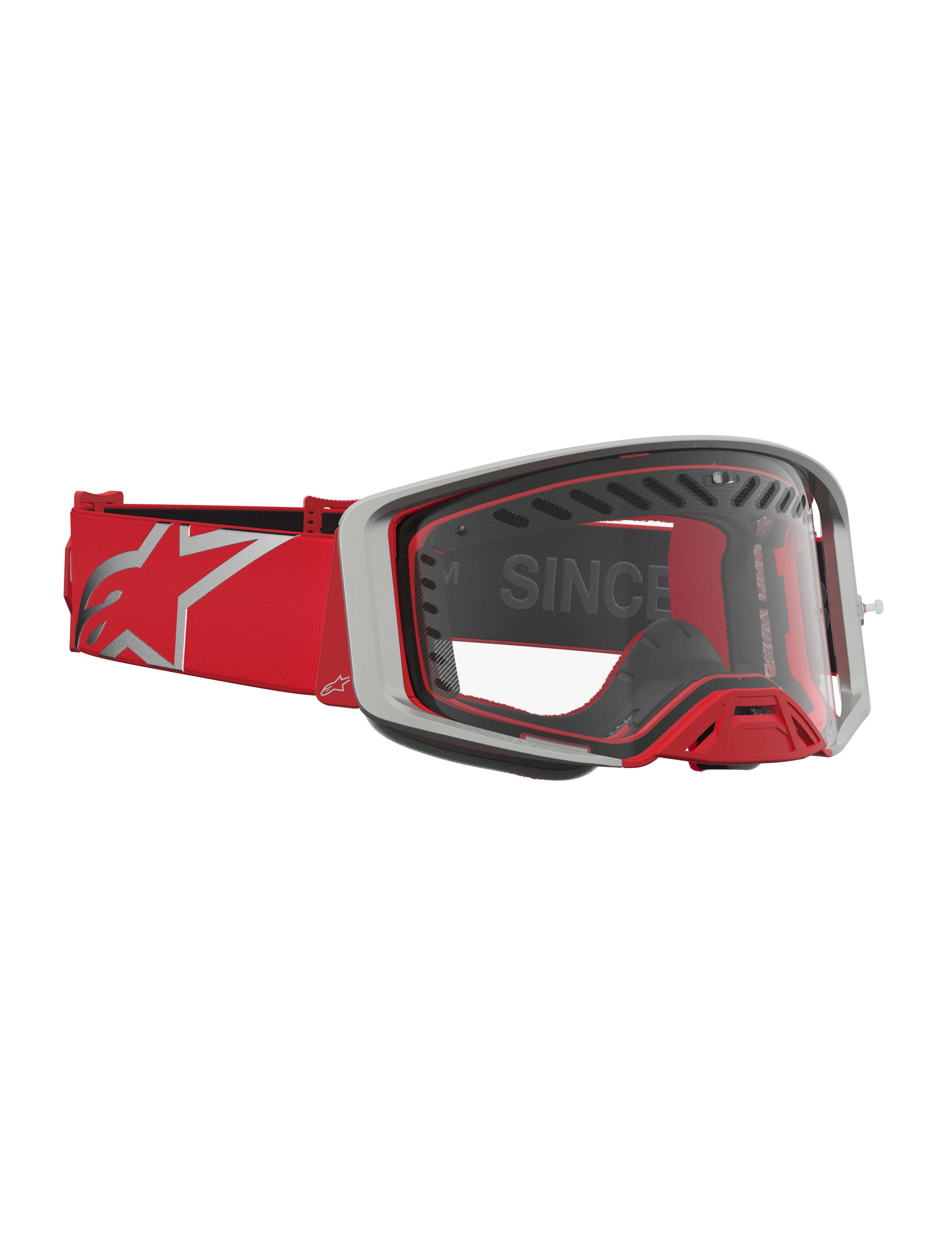 Alpinestars Supertech Dura Air Fluid Motocross Goggles in Red and Silver, featuring clear lens and advanced airflow ventilation.